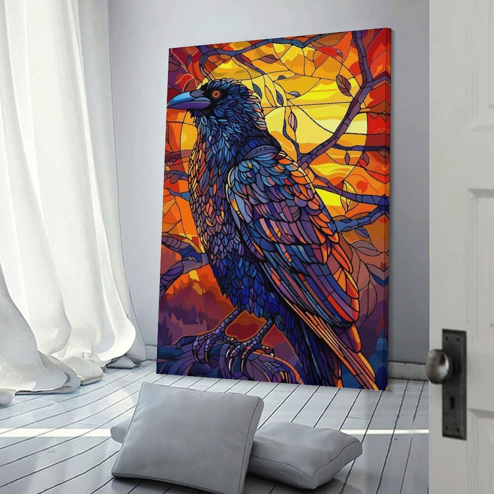 Junmoney Stained Glass Raven at Sunset Home Decor Wall Art, 24x36inch(60x90cm), for Calm Bedrooms, Home Corners Or Flats, Canvas Wall Decor for Personal Spaces