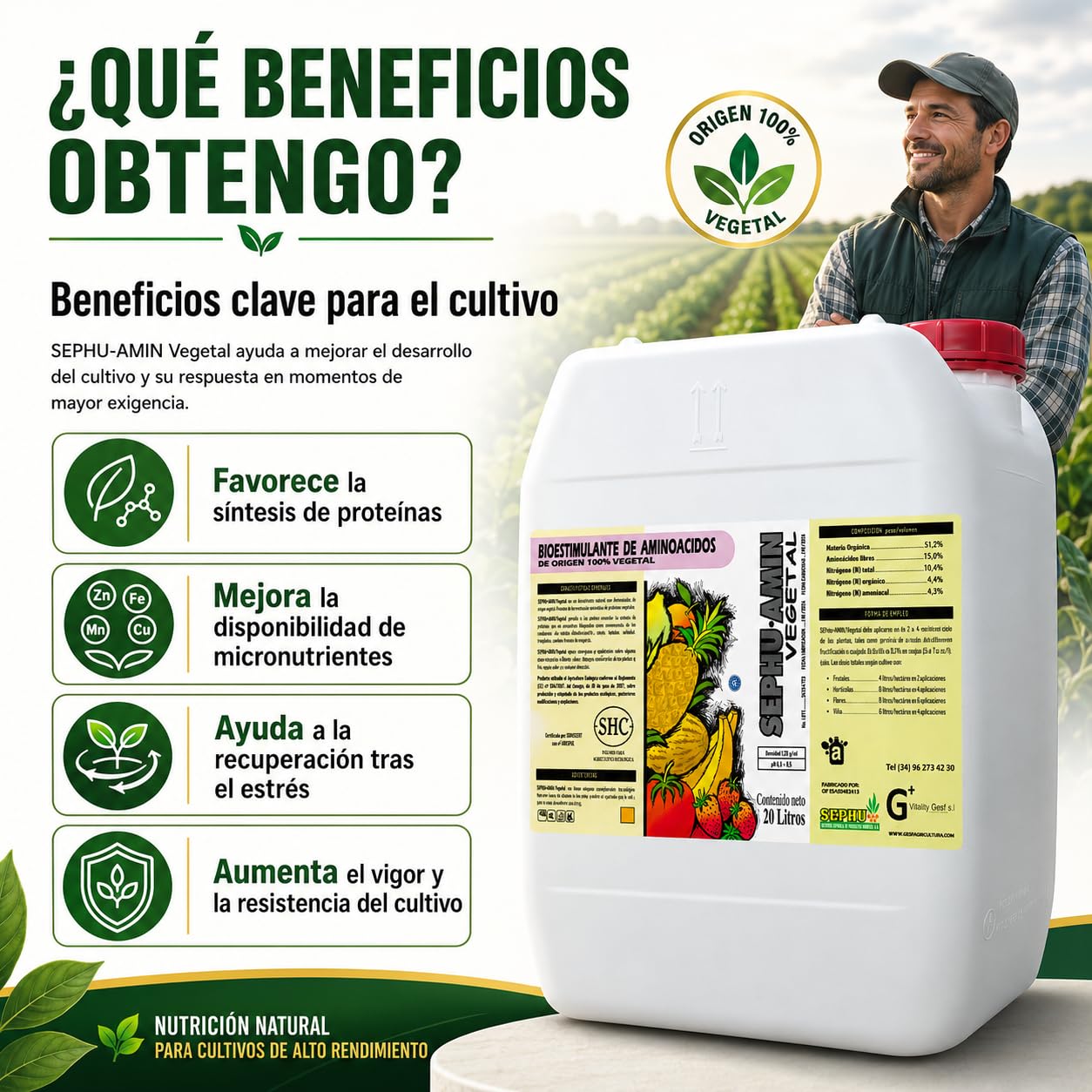 SEPHU Bioestimulante de Aminoácidos 100% Vegetal para tus plantas y cultivos potenciando su enraizamiento, 20 Litro, Certificado Agricultura Ecológica, Mejora Crecimiento y Resistencia