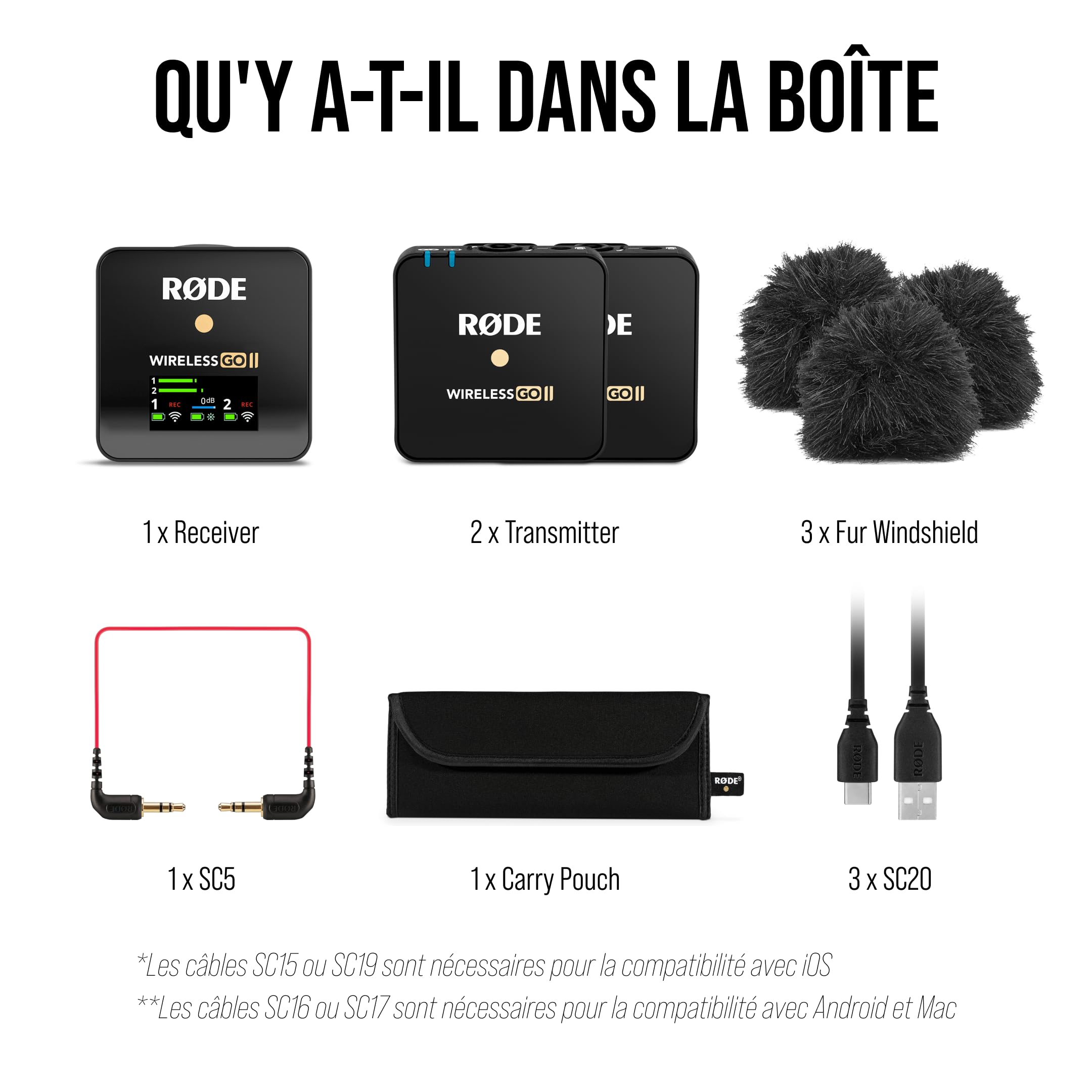 RØDE Wireless GO II - Système de microphones sans fil ultra-compact à deux canaux, avec microphones intégrés, enregistrement incorporé, destiné à la réalisation de films et à la création de contenu