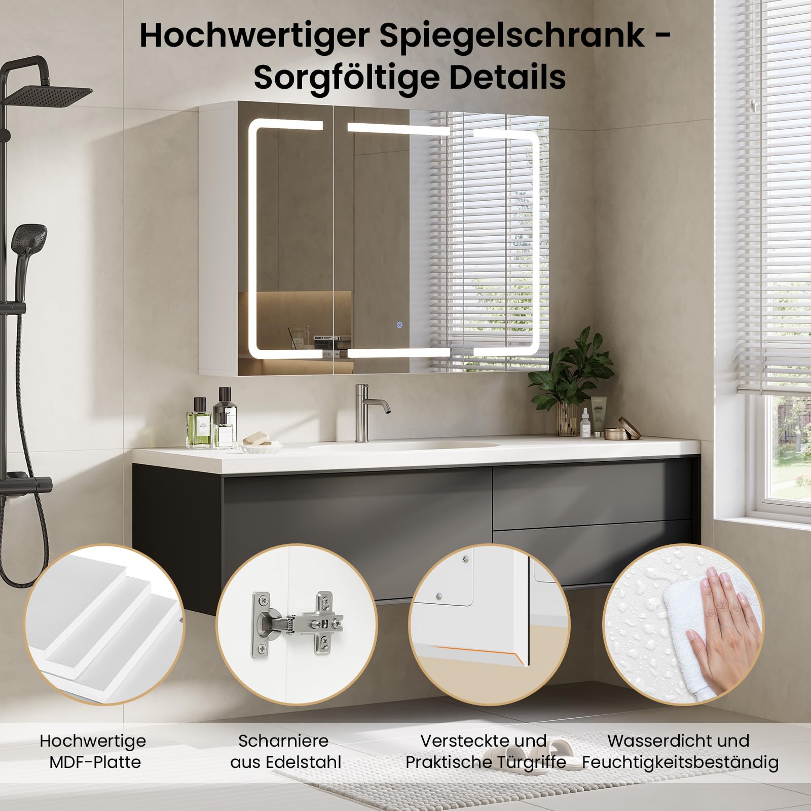 DICTAC Spiegelschrank Bad mit Beleuchtung und Steckdose Badezimmerschrank mit Spiegel und Verstellbarem Regal,Badschrank mit 3 Türen,Wandschrank,Hängeschrank,3 Farbtemperatur Dimmbare,80x60x16cm,Weiß