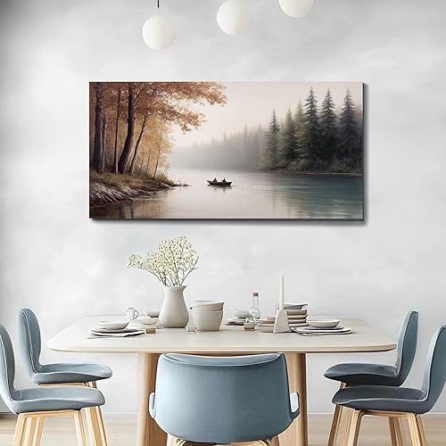 Miniatura 4 de 20"x 40" Canvas Wall Art Mountain Rustic Lake Landscape Nature Forest Scenery Vintage Boat Framed Pictures Painting Prints Large Wall Art for Living