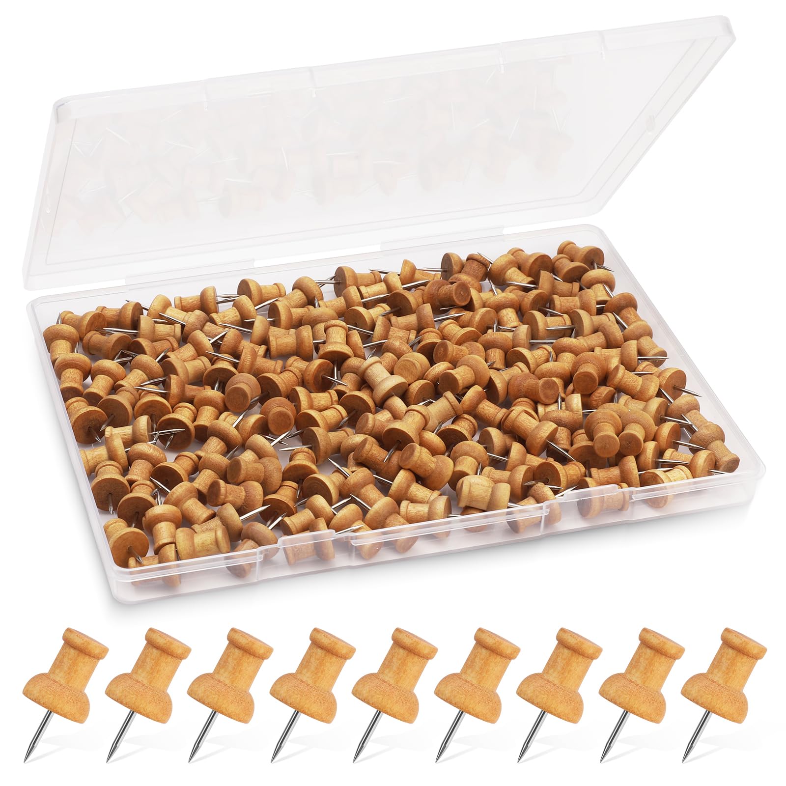 Namner 150 PCS Wooden Push Pins for Cork Boards, Natural Thumb Tacks Notice Board Pins with Storage Box, Drawing Pins, Strong Grip for Bulletin Boards, Maps & Crafts