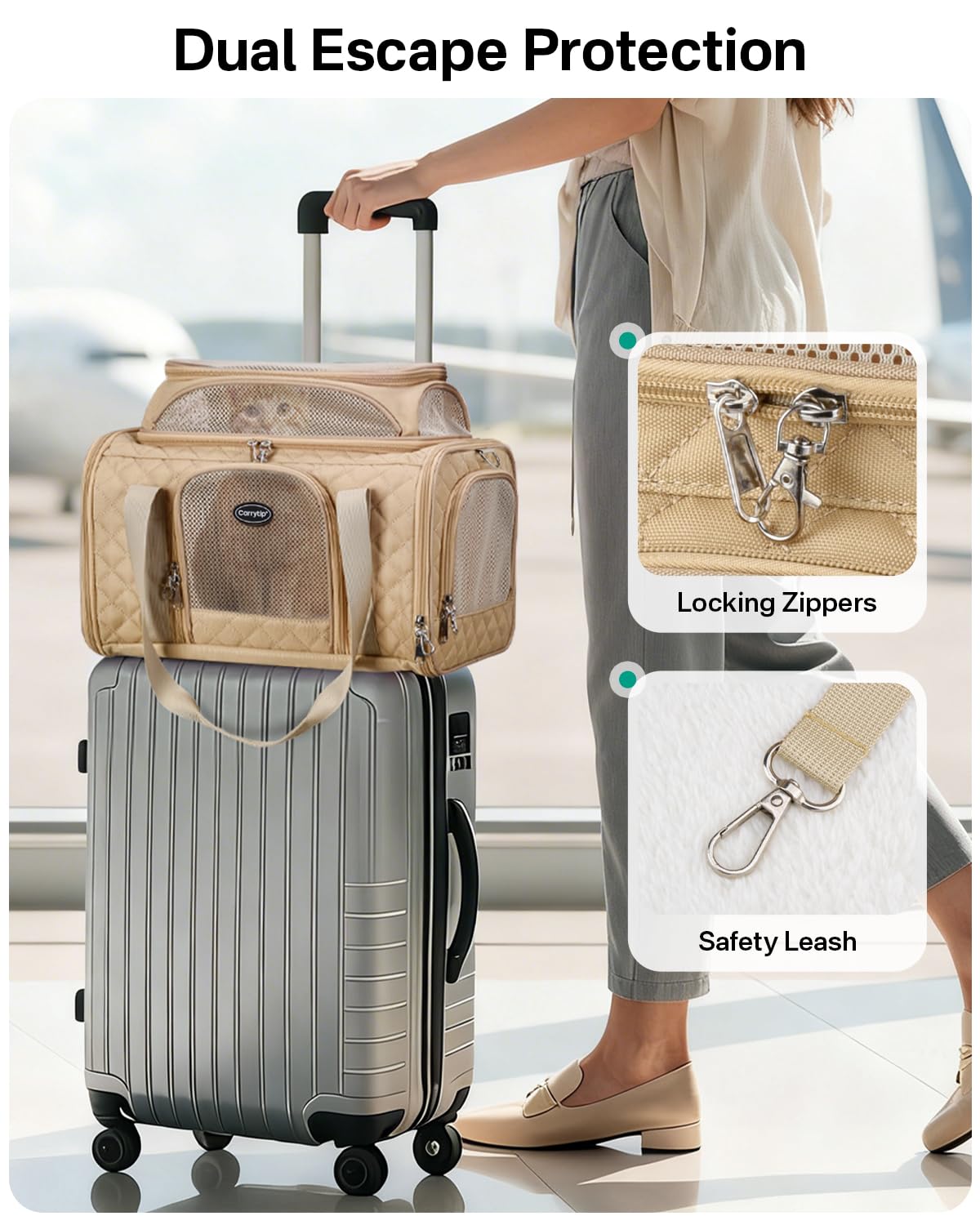 CarryTip Cat Carrier Airline Approved 17x11x9.5 Inches, Top Expandable Soft Sided Pet Travel Carrier for Cats & Small Dogs, Fits Under Airline Seat with Locking Zippers, Brown - image 4