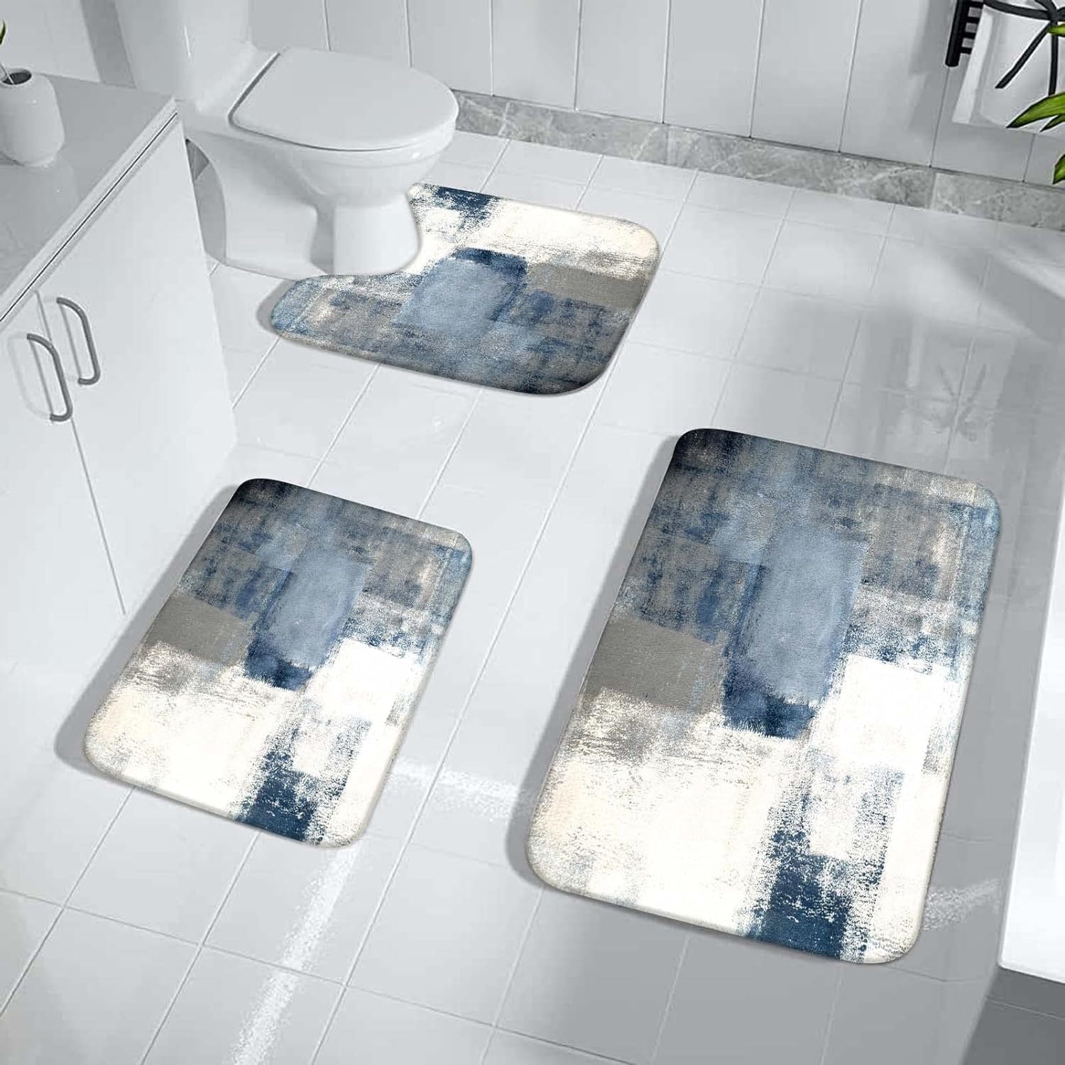 Tappeto Bagno Blu Grigio Retrò Tappeti Bagno 3 Pezzi Asciugatura Rapida Diatomite Facile da Pulire Doccia Antiscivolo Assorbente Set Tappeti 3 Pezzi