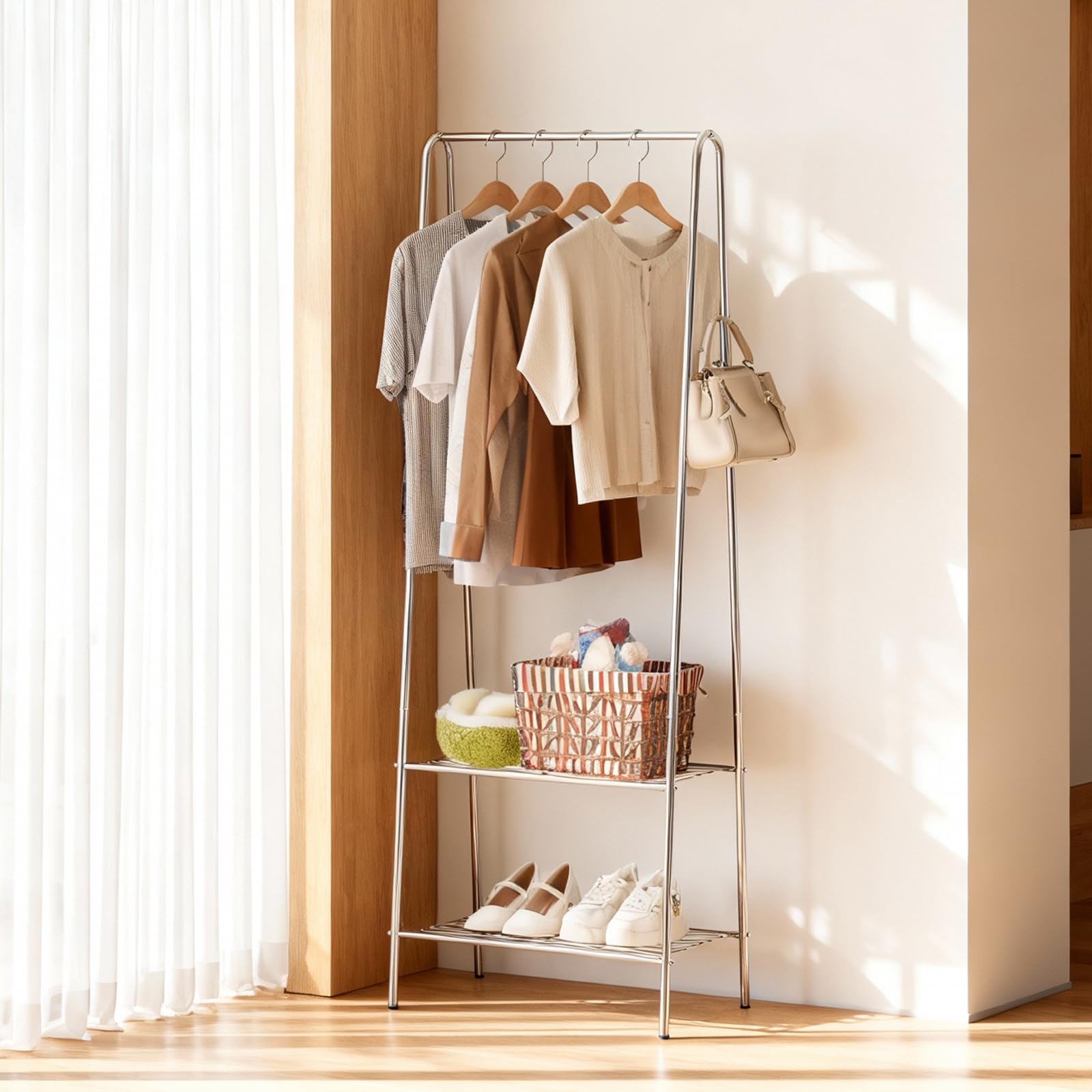 Perchero metálico, perchero con zapatero, barra para colgar ropa Para dormitorios, salones u otras habitaciones pequeñas
