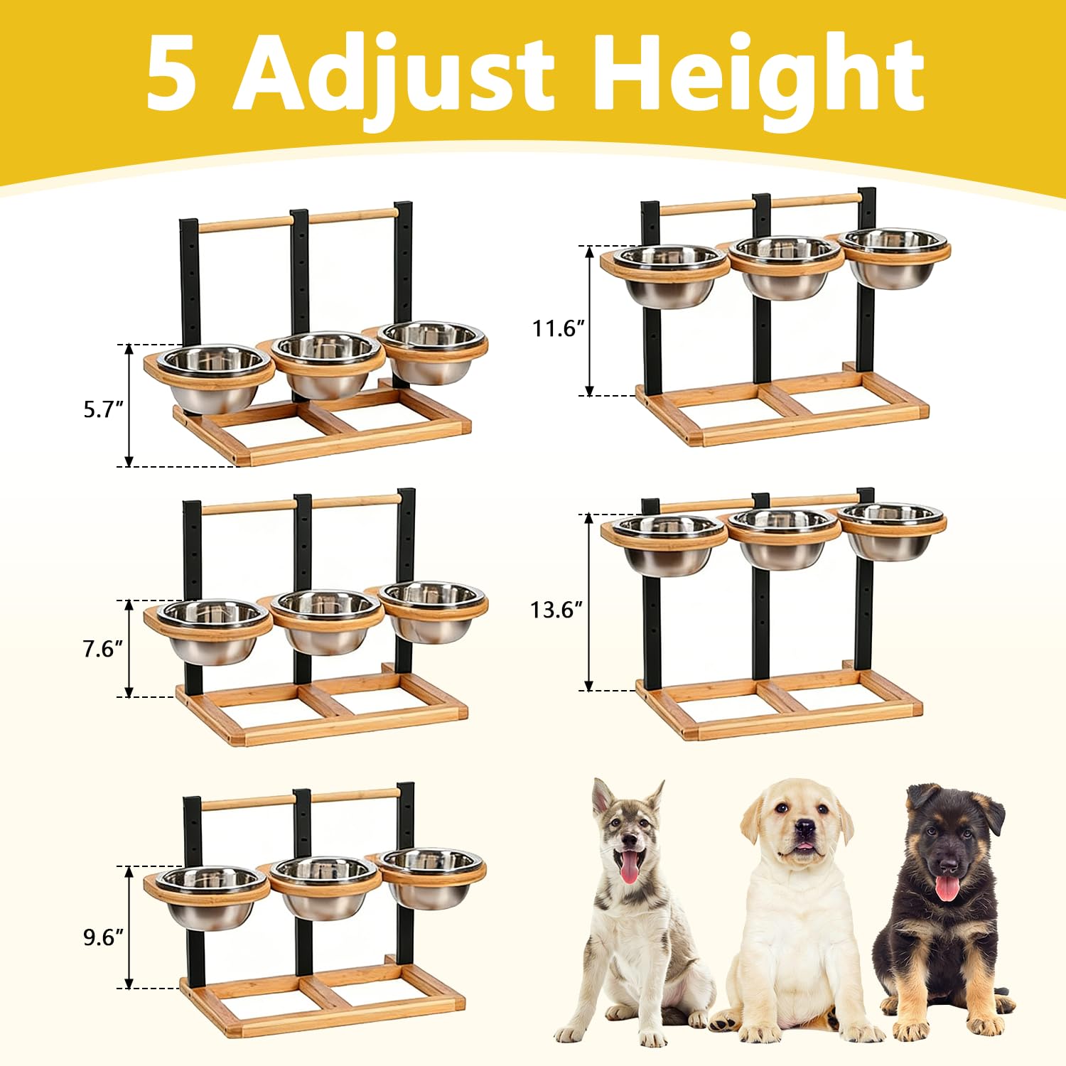 Comedero para perros elevado para perros, altura ajustable de madera, comedero para perros con 3 cuencos de acero inoxidable y alfombrilla a prueba de fugas, comedero mediano para perros grandes