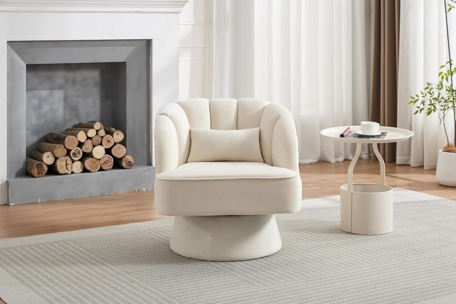 Poltrona girevole moderna in velluto a 360 gradi con schienale a righe e imbottitura in peluche, comoda poltrona rotonda per soggiorno, camera da letto, angolo lettura, beige