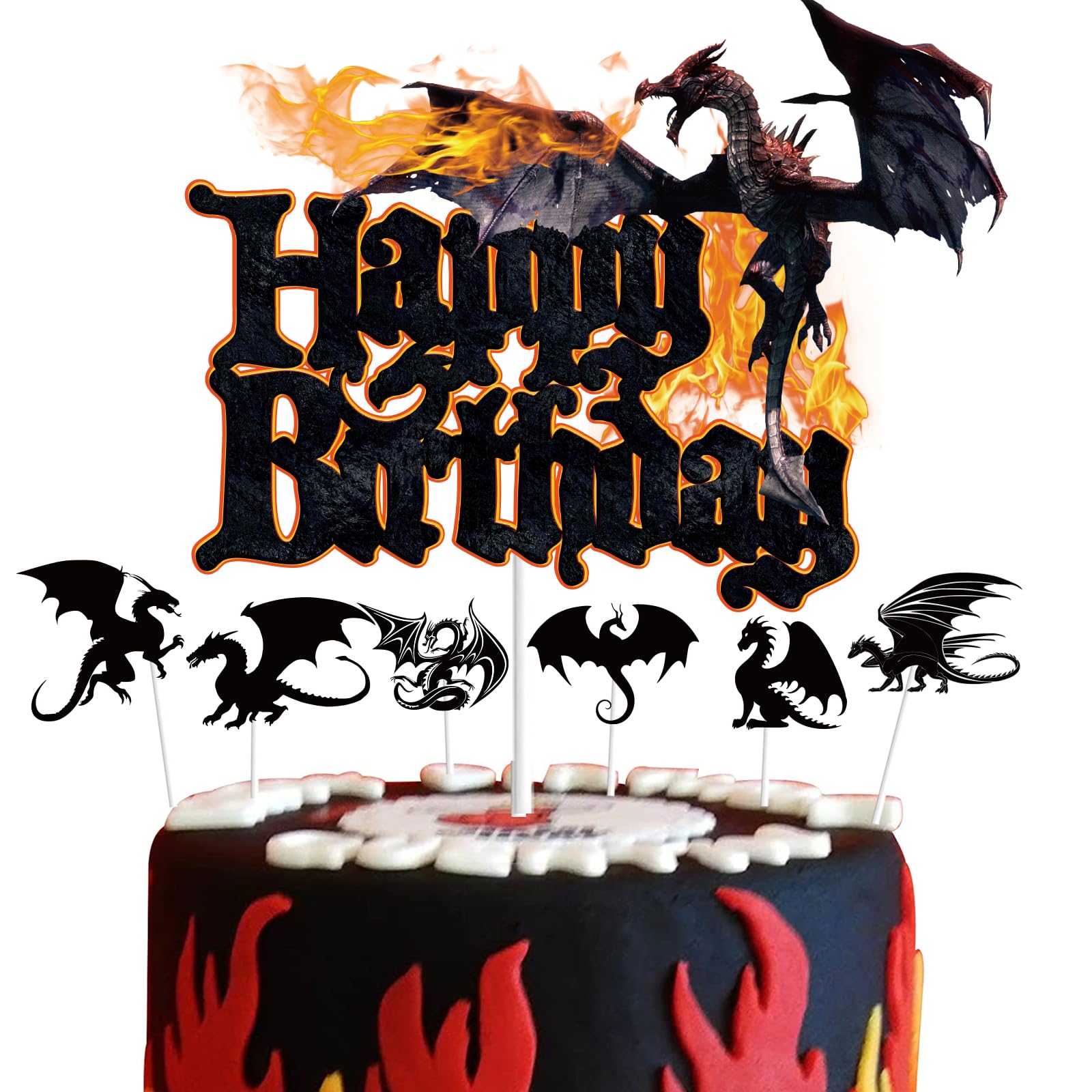 7Pcs Dragon Happy Birthday Cake Topper Sets Black Glitter Dragon Knight Theme Birthday Cake Decoration Sets Dragon Game Party Decoration Supplies Sets for Kids Boys Men