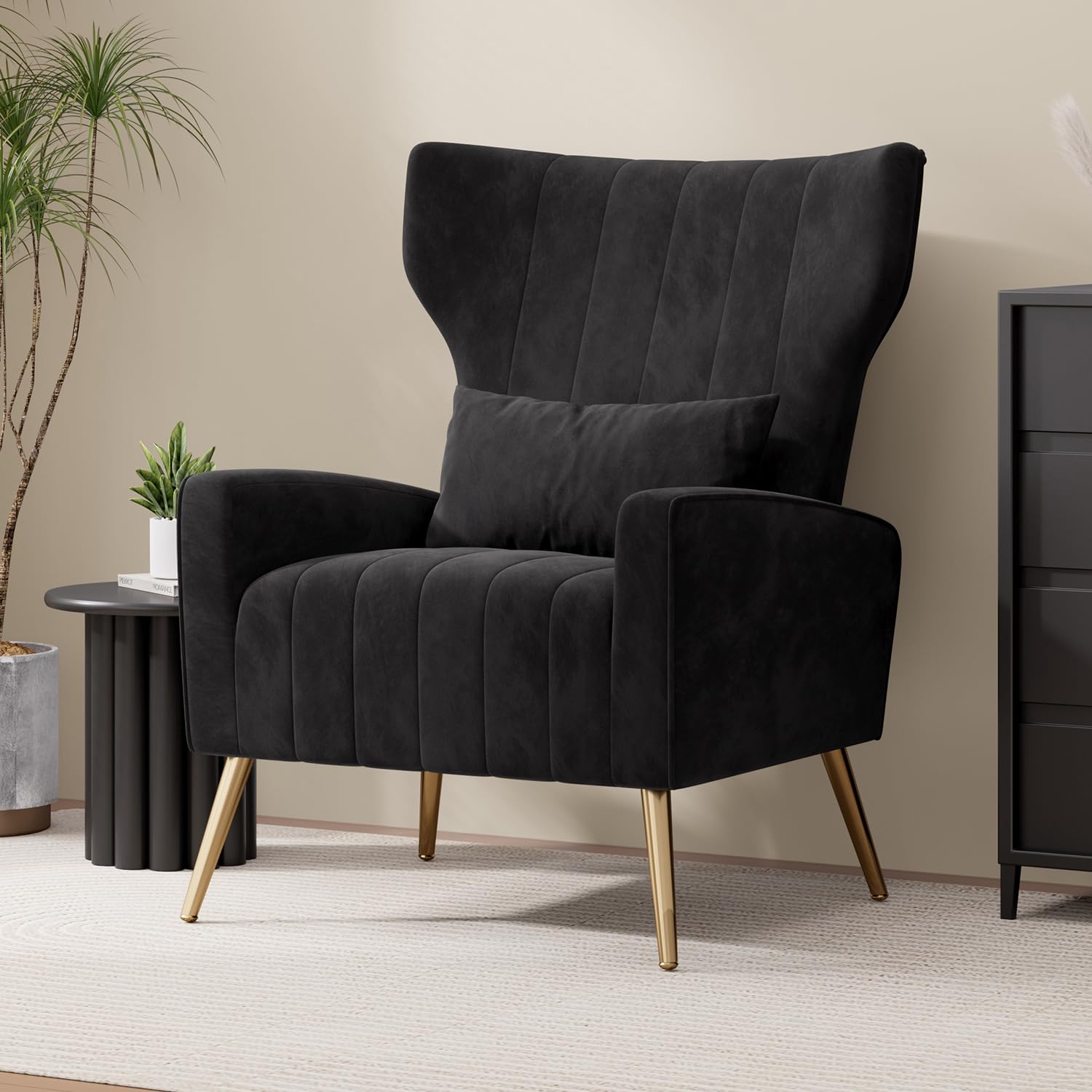 Hawthyhome Velvet Armchair Recliner with Comfortable Cushion with Pillow Golden Metal Legs Padded Seat Lounge Couch Armchair for Living room,and Bedroom Black