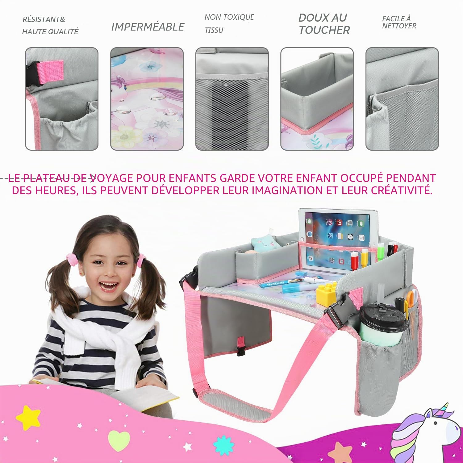 Plateau de Voyage pour voiture et avion - Table d'activités portable avec Support pour Tablette et Couverture de Protection - Organisateur de Voiture Imperméable et Pliable