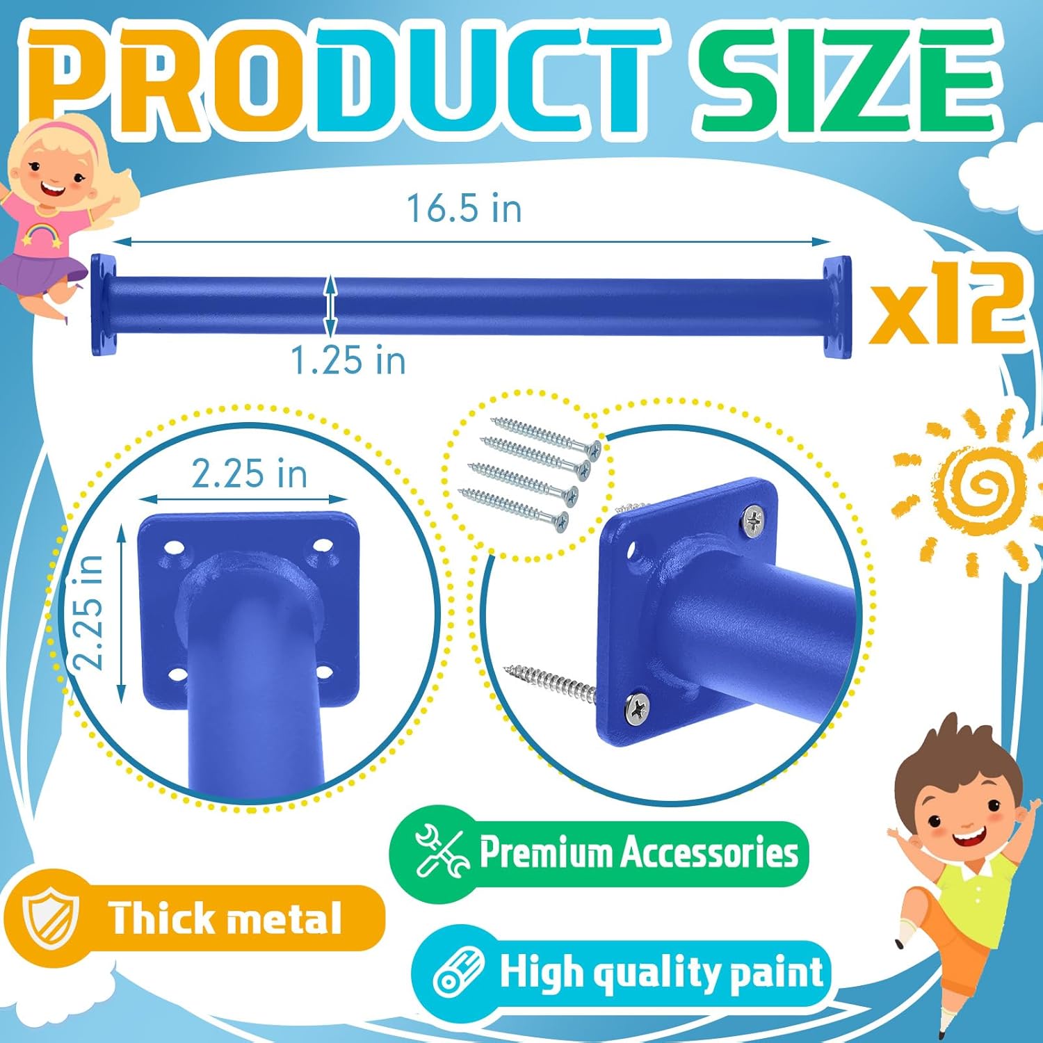 Dunzy 12 PCS Steel Monkey Bars Monkey Bar Rods Ladder Rungs Hardware Kit Monkey Bar with Screws for Backyard Playground Mounting Plates and Powder Coating (Blue,16.5 Inch)