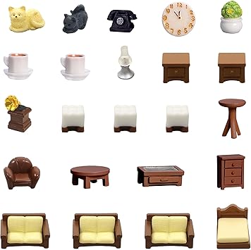 23pcs Brown Dollhouse Mini Furniture Kit Decoration DIY Accessories Including Dining Room Sitting Living Bedroom Set Toys for Baby Boys Children Girls Dollhouse Accessories