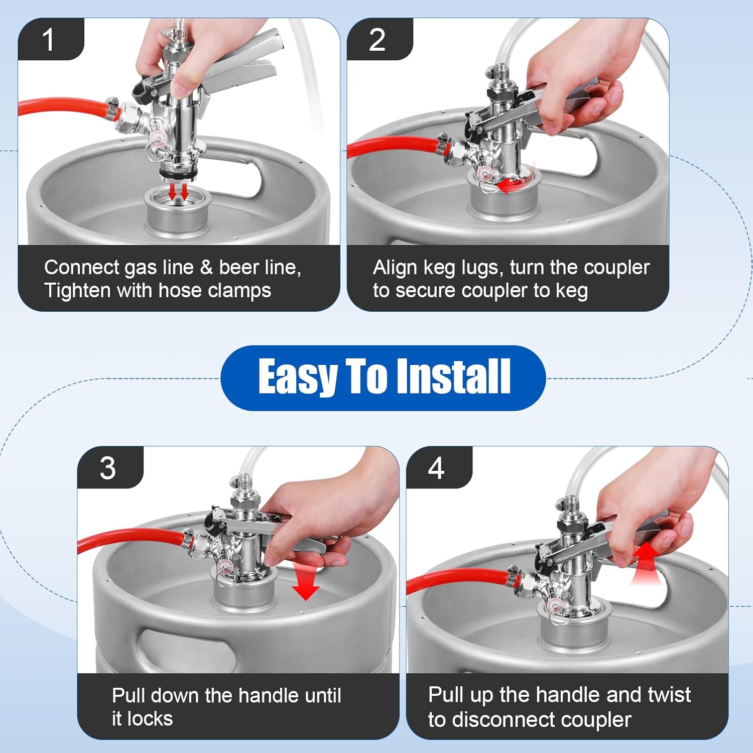 Keg Coupler for Sankey U System, 304 Stainless Steel Probe U-Type Keg Coupler Beer Keg Tap Dispenser, Kegerator Homebrew Parts for I.D 5/16'' Beer Gas Line with Hose Clamps