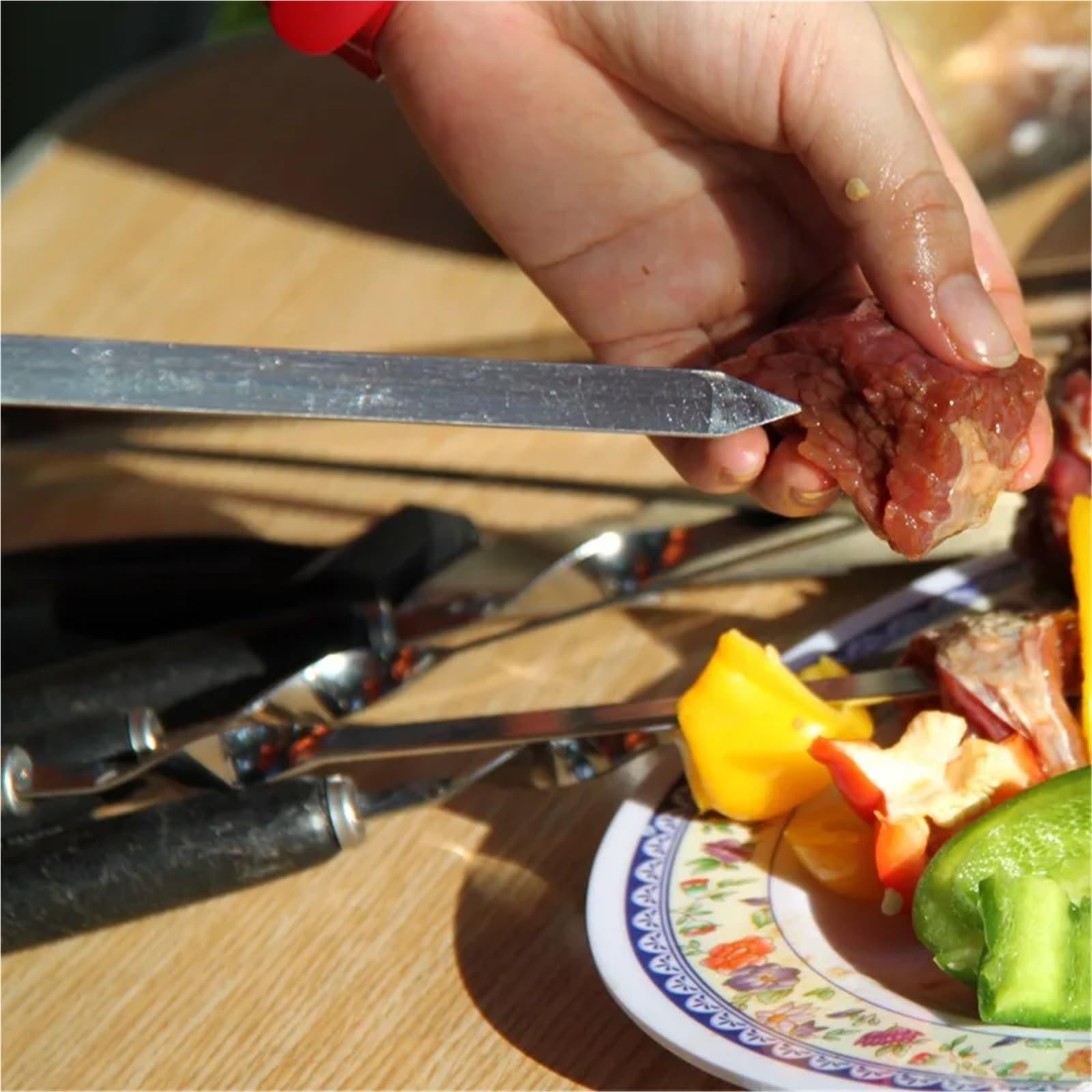 55 cm szpikulec do grilla szaszłyki ze stali nierdzewnej płaski plastikowy uchwyt widelce do grilla mięso ryby grill akcesoria do grilla