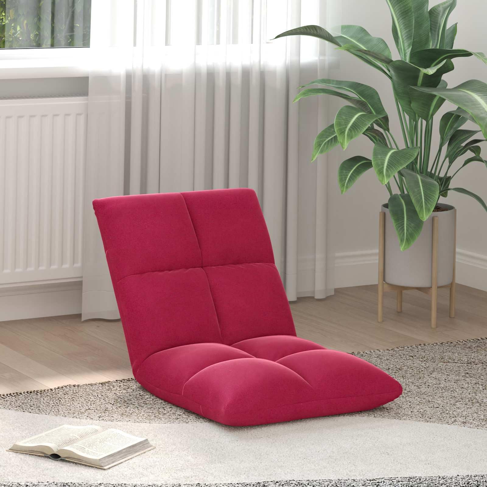 Regulowane krzesło podłogowe z aksamitnym obiciem w kolorze czerwonego wina, wielopozycyjne oparcie do 180 stopni, składane i ergonomiczne, idealne do salonu, sypialni, medytacji, czytania