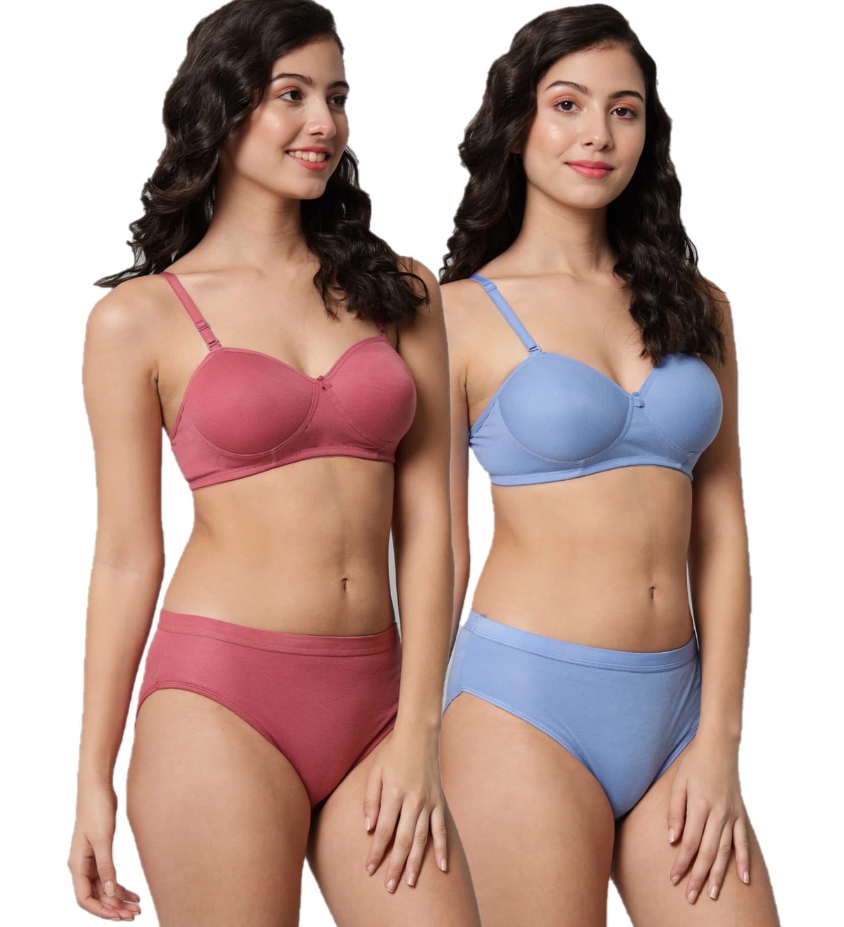 Women Sexy Cotton 2 Piece Bra and Panties Lingerie Set for Honeymoon | Anniversary | Everyday Bra Panty Combo (32, B Cup, Brown+Light Blue)-image-2