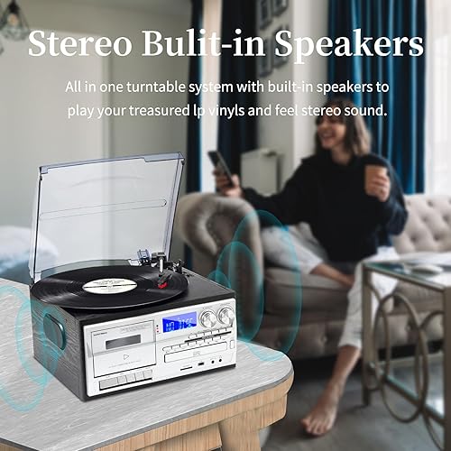 Miniatura 5 de Reproductor de discos 9 en 1 con altavoces externos, tocadiscos Bluetooth de 3 velocidades con reproducción de CDcassette, radio AMFM, reproducción