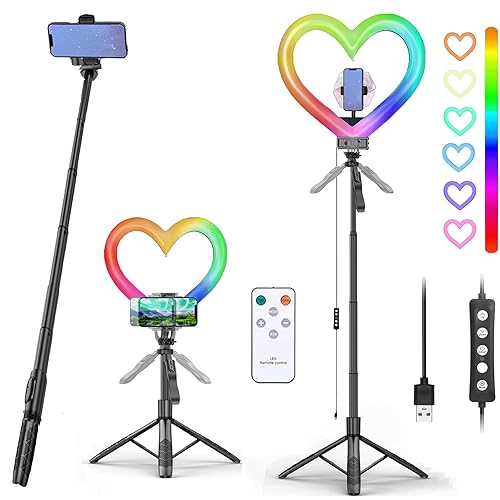 Heart Ring Light, 13" Desk Ring Light with Extendable Selfie Stick Stand for Laptop Video Conference Lighting with Phone Holder Height Adjustable 47 Color Modes for Live Stream/Makeup Compatible - 13 inch