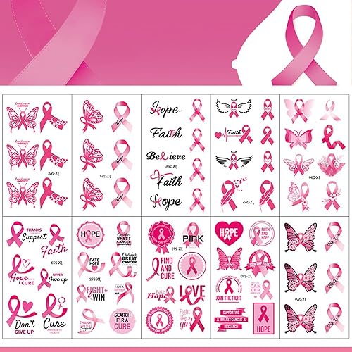 Hying 10 tatuajes temporales de concientización sobre el cáncer de mama para mujeres y niñas, tatuajes temporales de cinta rosa falsa para mujeres,