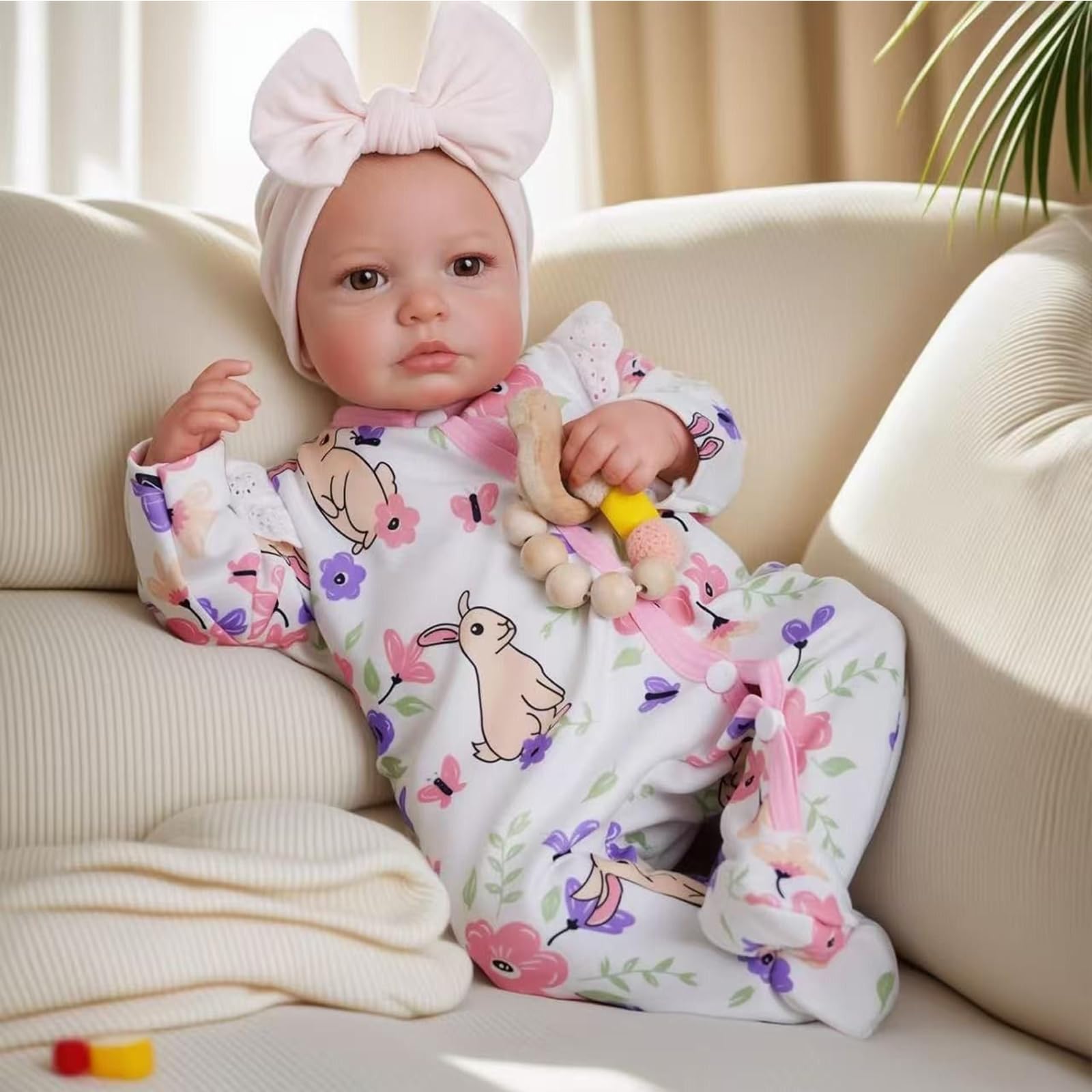 Reborn - Muñeca para bebé de 50 cm, vinilo suave, cuerpo ponderado, aspecto realista, traje floral con cinta para la cabeza, a partir de 3 años