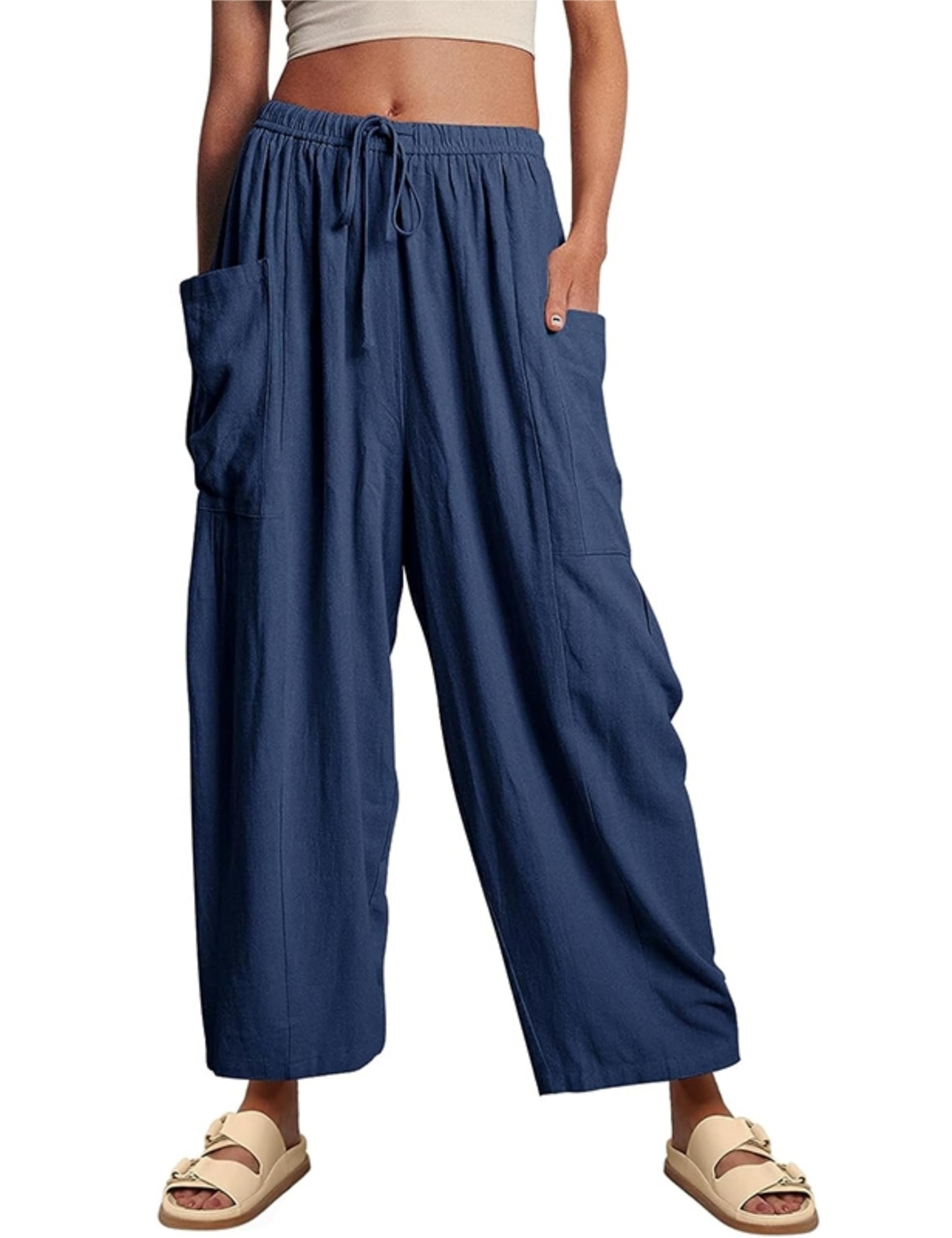 HangNiFang Cotton Linen Wide Leg Pants for Women High Waisted Beach Palazzo Harem Pants