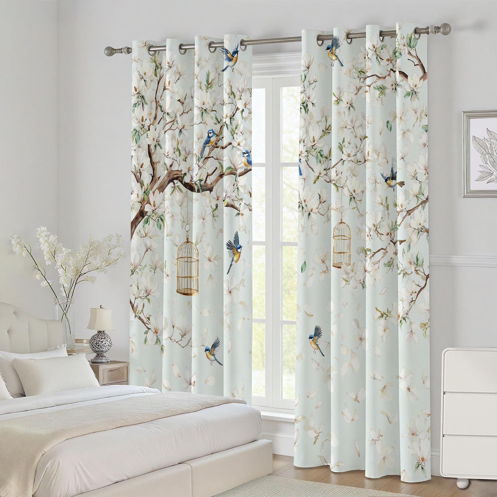 Blumen Vogel Vorhange Blickdicht 2er Set, Magnolie Floral Baum
