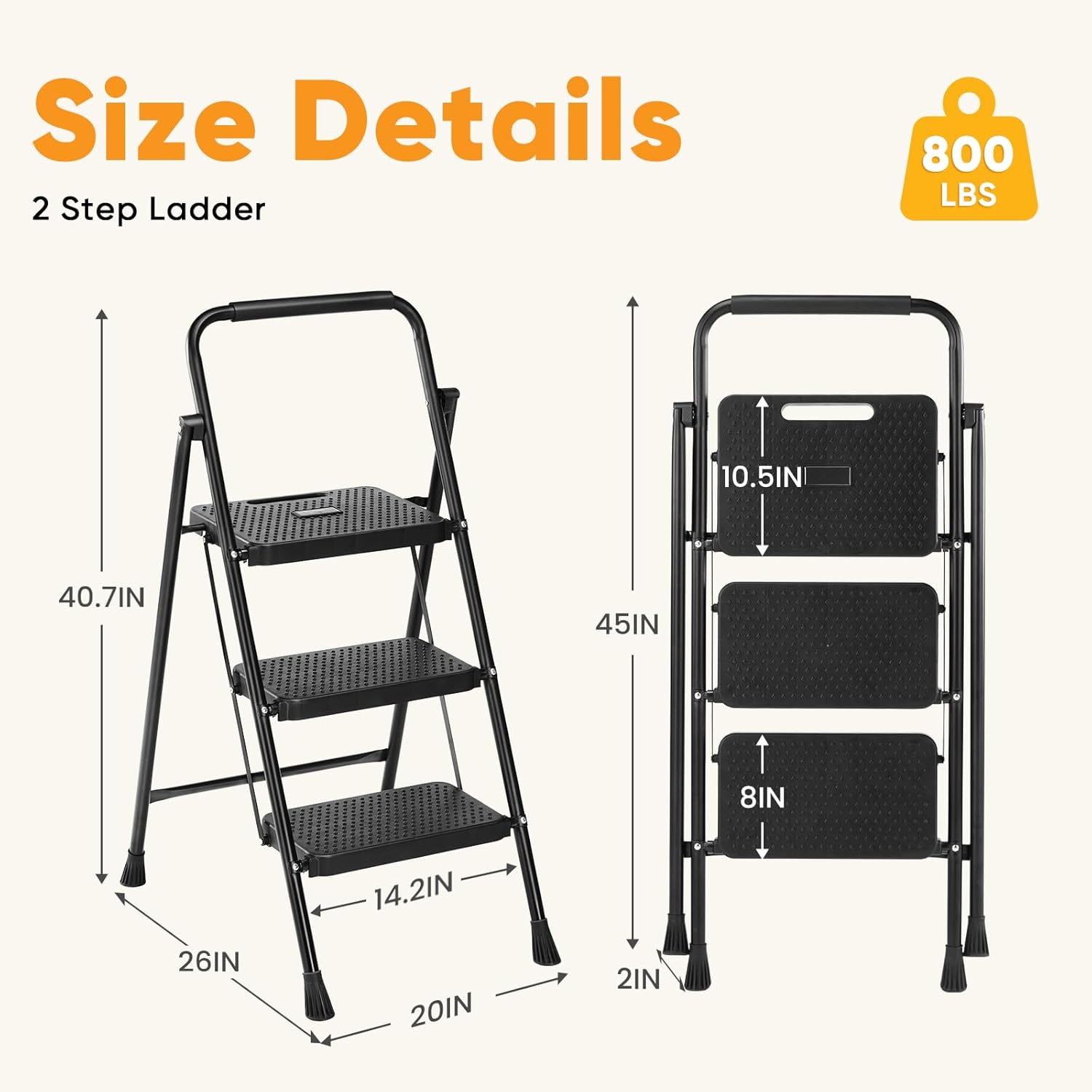 NEWBULIG 3 Step Ladder, Foldable Step Ladder with Safety Lock, Lightweight Portable Steel Step Stool with Anti-Slip Rubber Feet,for Home Office Garage, Black