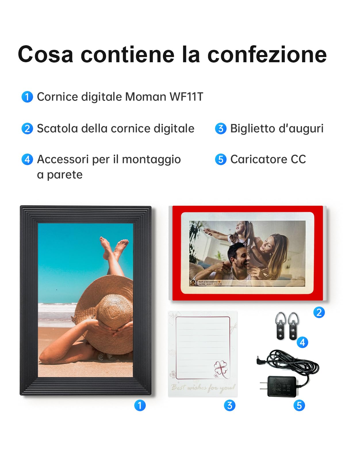 Moman Cornice Digitale WF11T, 10,1 Pollici Wifi IPS Touch Screen con Memoria da 32GB Condivisione Istantanea Montabile a Parete per Famiglia Amici Compleanno Anniversario, Cornice-Digitale-Foto-Wifi