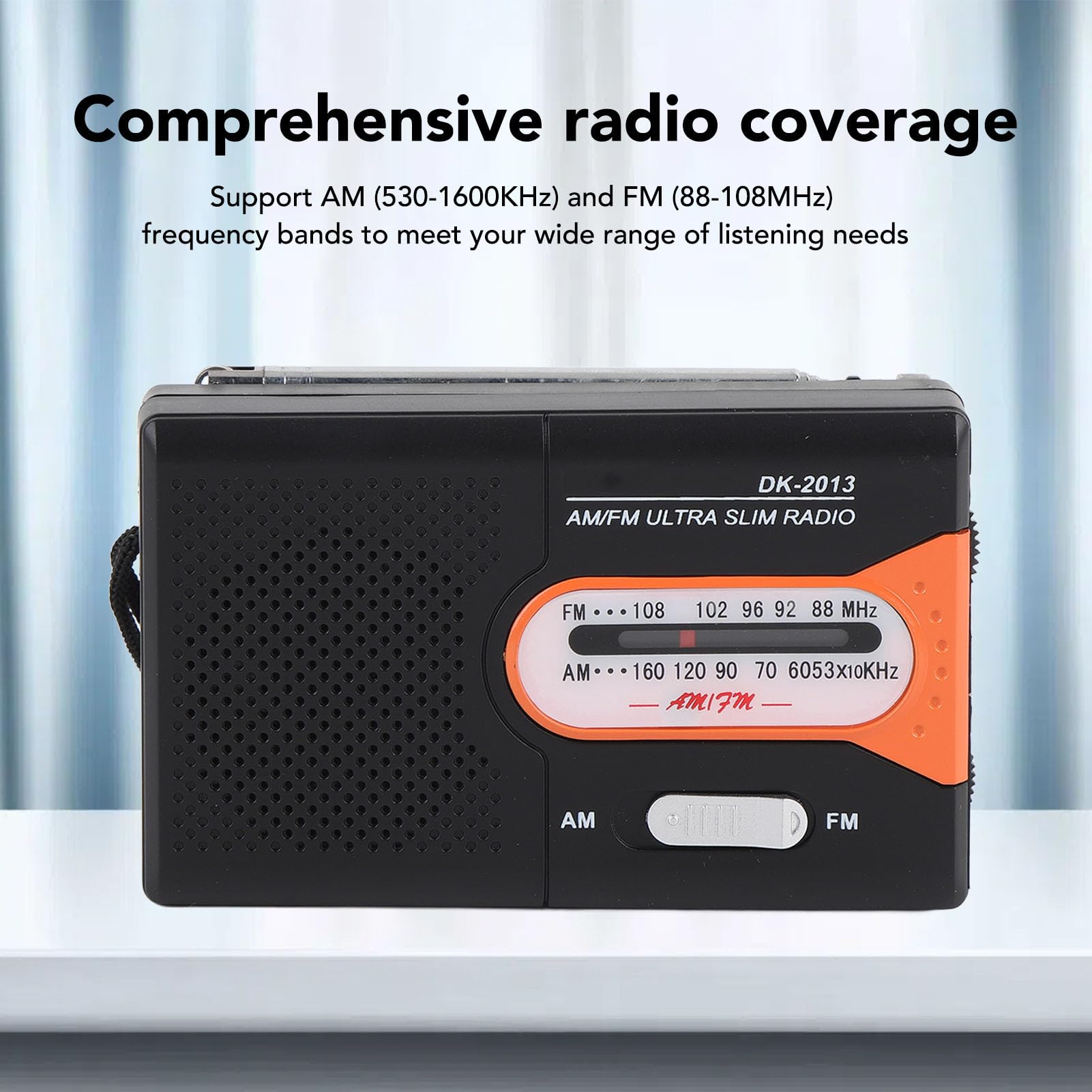 Vikye Portable AM/FM Radio, Small Portable Radio: Built - in Speaker, Telescopic Antenna, Earphone Jack, Music Player, Compact with Batteries (DK - 2013) (Black Orange)