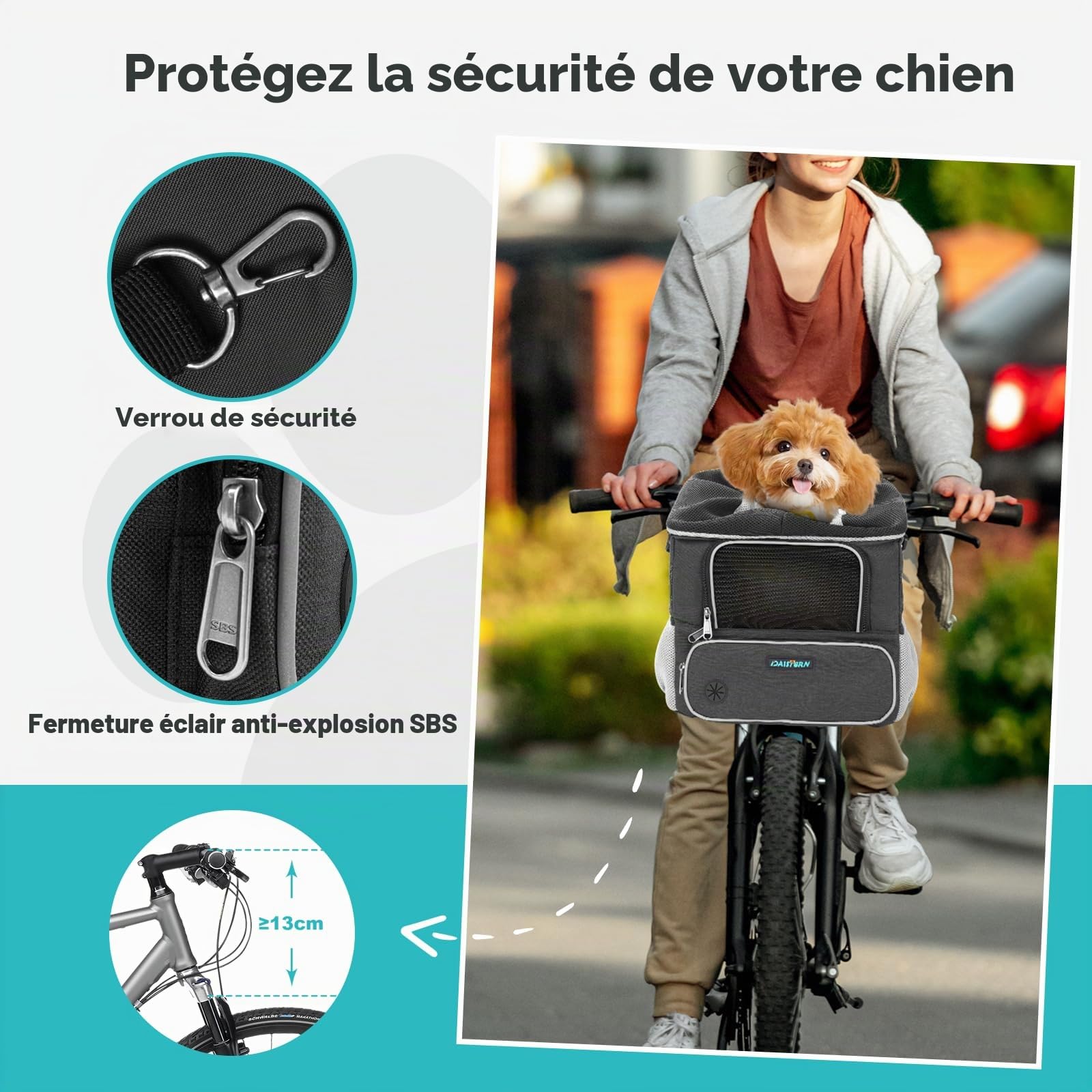 Panier de Vélo Avant pour Chien Chat jusqu'à 3KG avec Adaptateur Φ53mm, Sac à Dos Petit Chien avec Fenêtre en Maille Respirante, Bandes Réfléchissantes, Coussin Confortable Imperméable