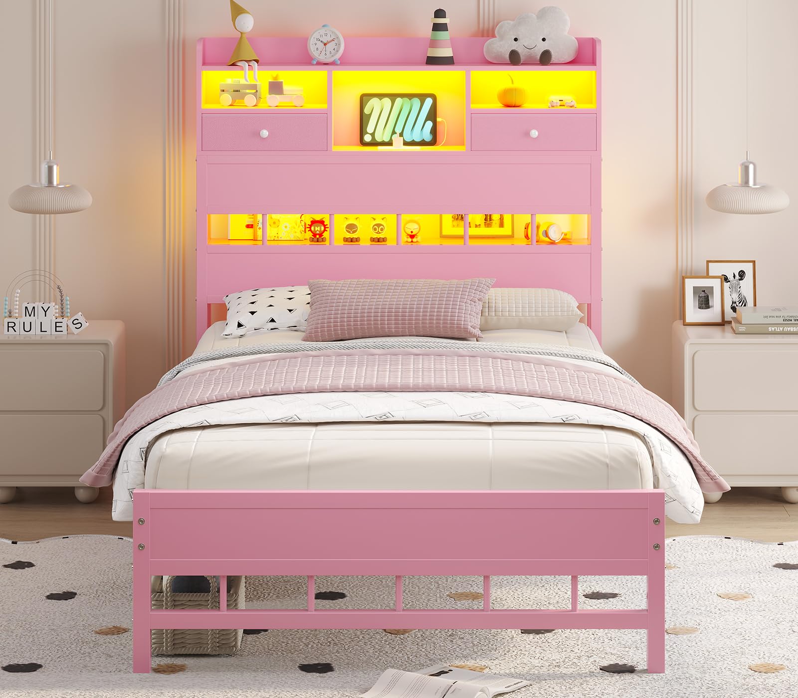 BTHFST Twin Bed Frame with Storage Headboard & Charging Station, LED Bed Frame Twin with 5 Shelves & Under Bed Storage, Platform Bed Frames for Kids,