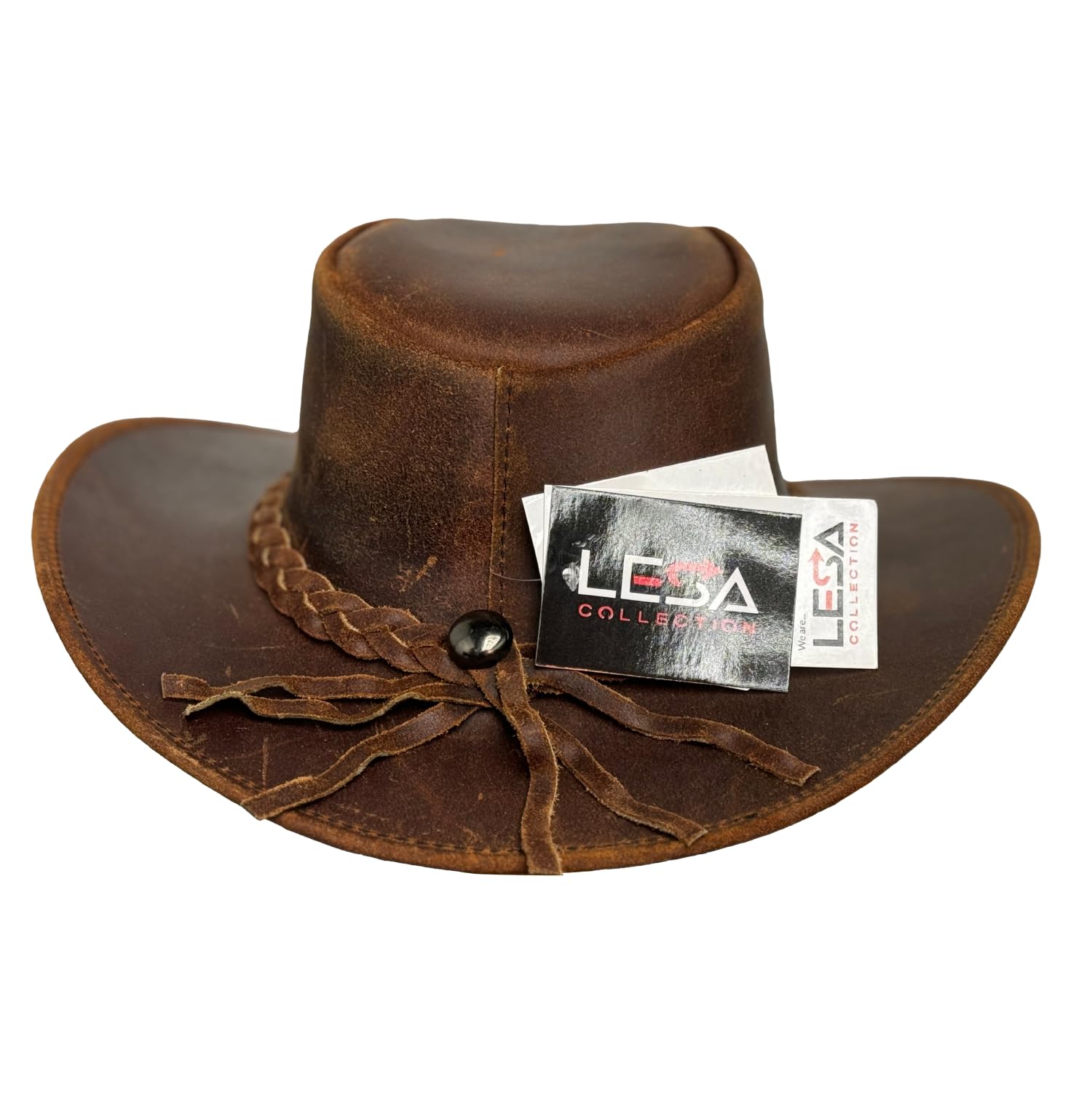 Lesa Collection Vintage Gunner Leather Cowboy Hat with Braided Band (US, Alpha, Large, Reddish Brown)