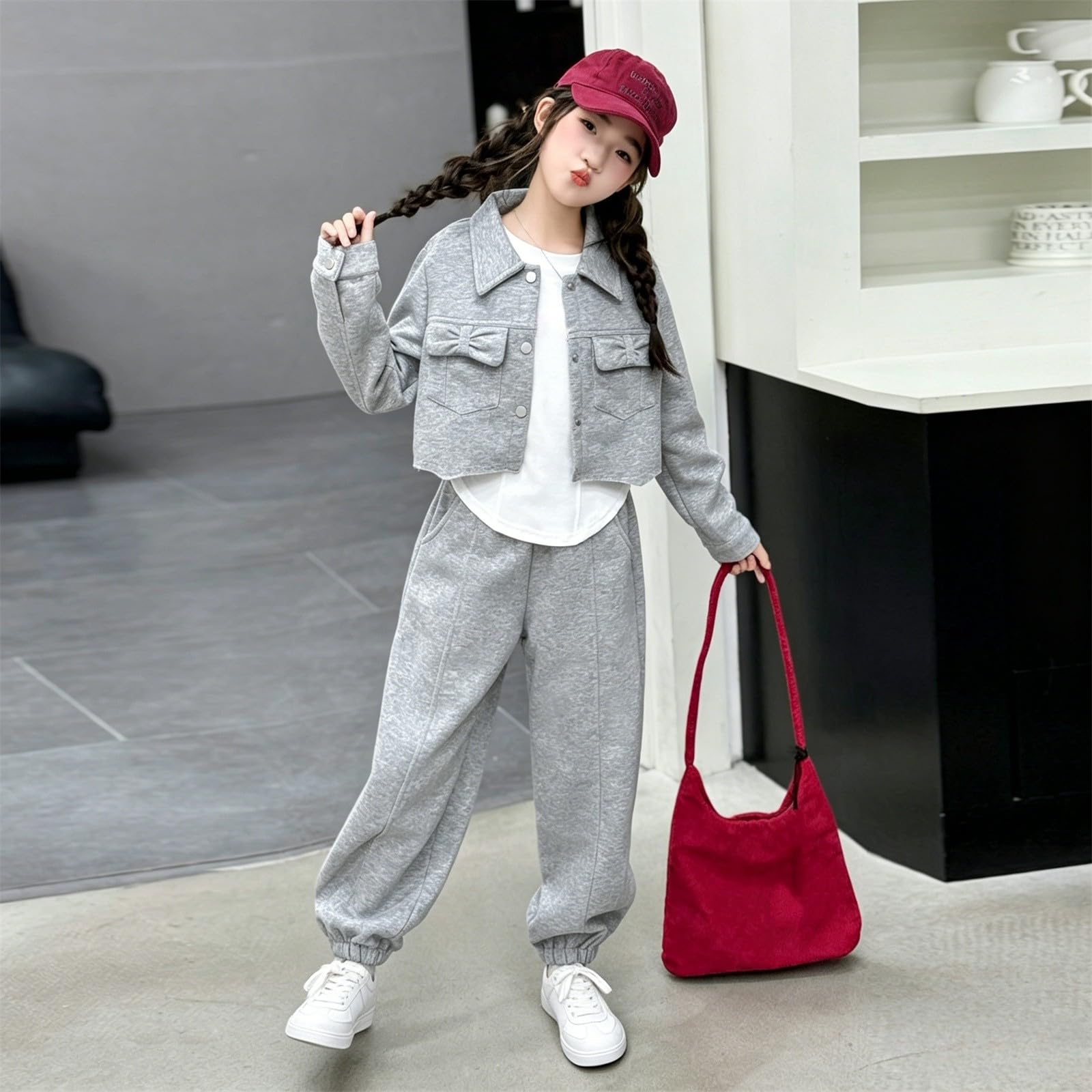Crop-Jacke für Mädchen, mit Kragen, weites Bein, Trainingsanzug