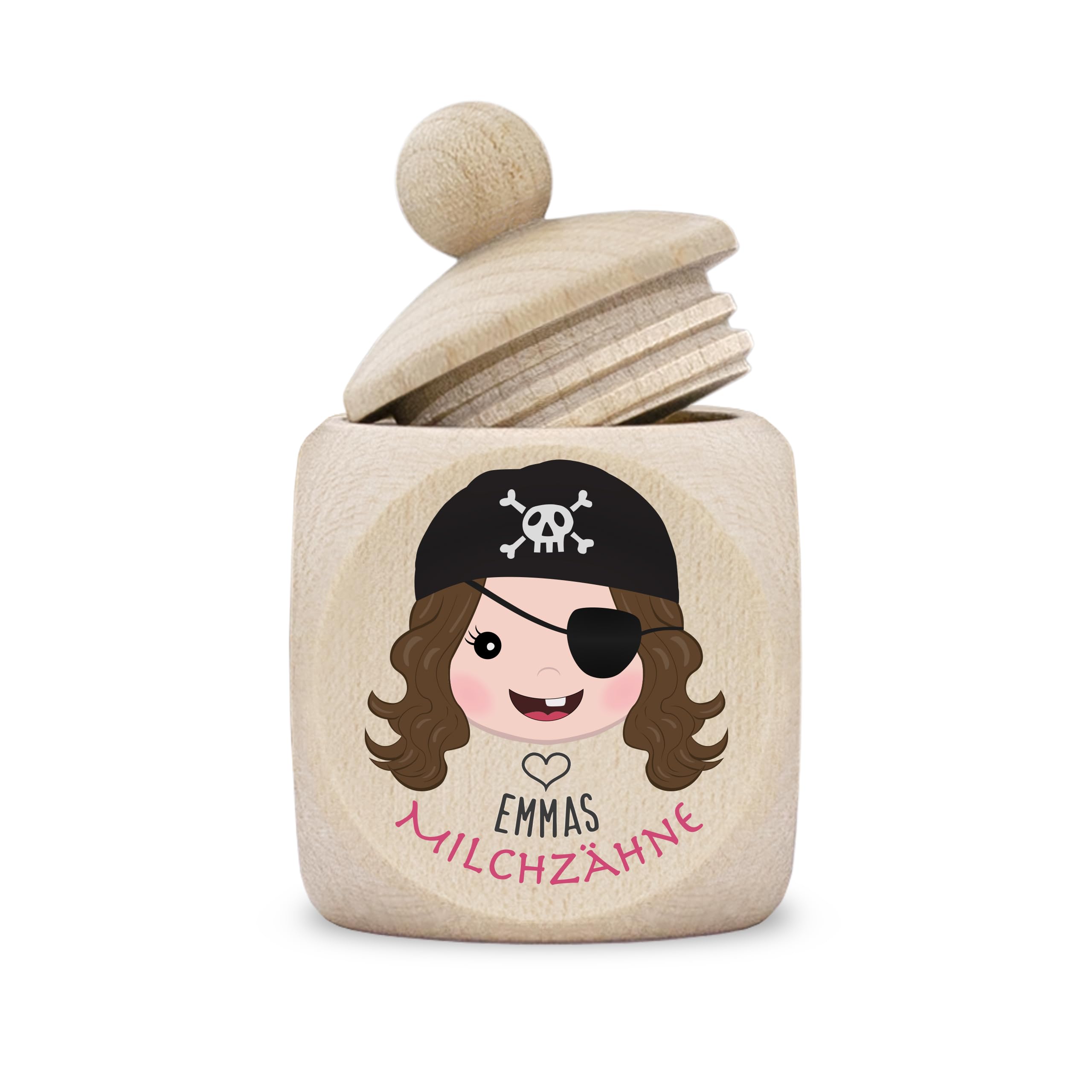 kultdog Zahndose Milchzähne Mädchen modern Dose Holz personalisiert Druck Name Piratin