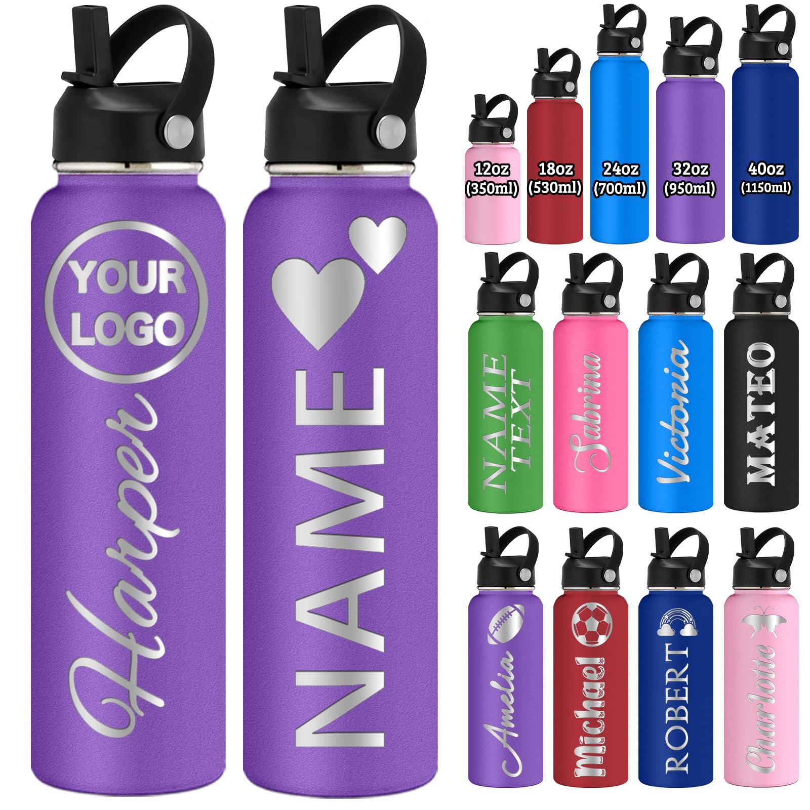 Personalised Water Bottle Engraved with Name Logo Customised 350/530/700/950/1150ML Stainless Steel Double-Wall Insulated Water Bottles with Straw Lid Handle Gifts for School Sport Office