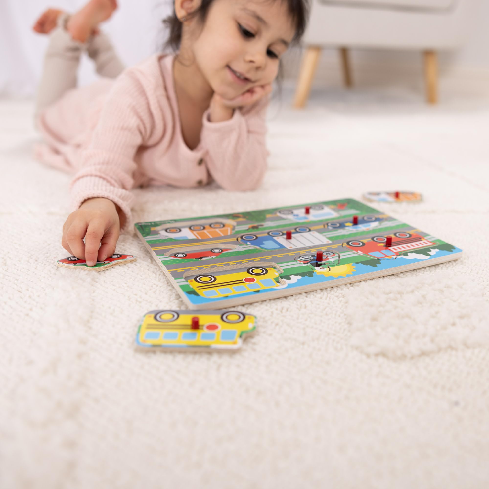 Melissa & Doug Set di 3, Puzzle con Pioli in Legno - Animali della fattoria, Safari e Veicoli, Giochi in legno, Giocattoli per lo sviluppo, 3+, Regalo per bambini e bambine
