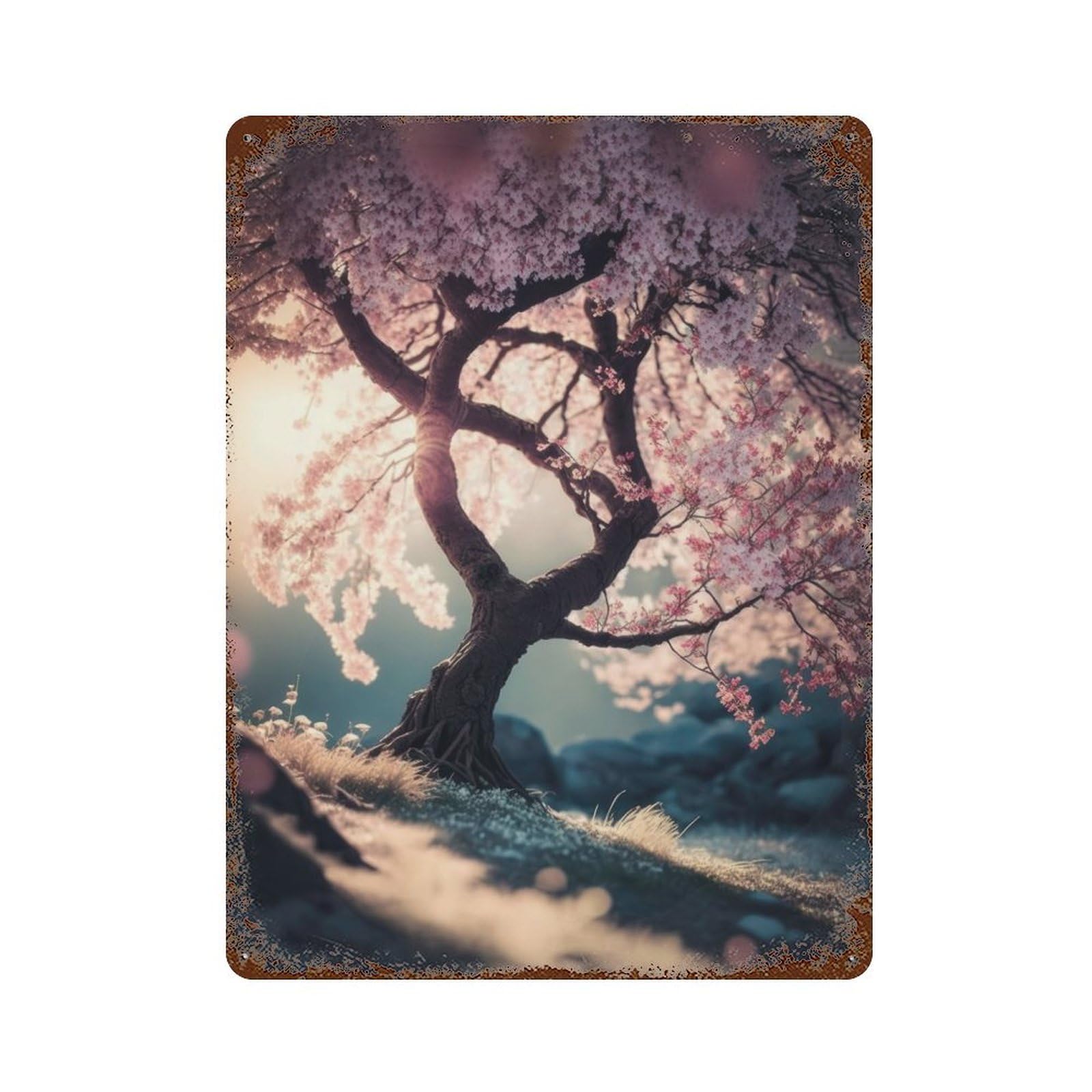 Rust Effect Dreamy Cherry Blossom Tree Distressed Metal Wall Sign 15.7"x11.8", Decorative Metal Wall Art for Living Room, Hallway And Home Decor