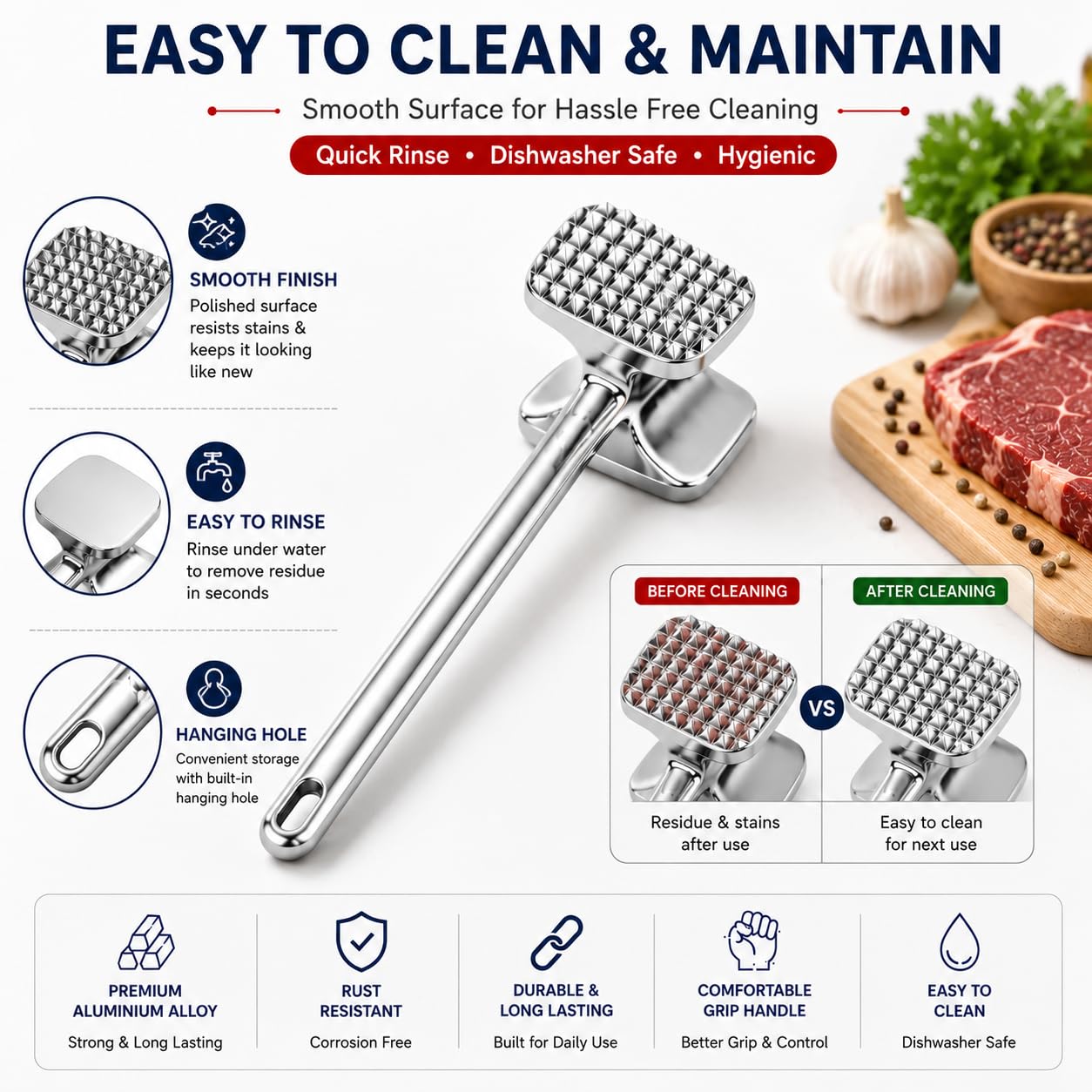 Zollyss Aluminium Meat Tenderizer Hammer | Double Sided Meat Mallet for Steak, Chicken, Beef & Pork | Heavy Duty Meat Pounder | Kitchen Meat Hammer for Tenderizing & Flattening Meat | Silver 2