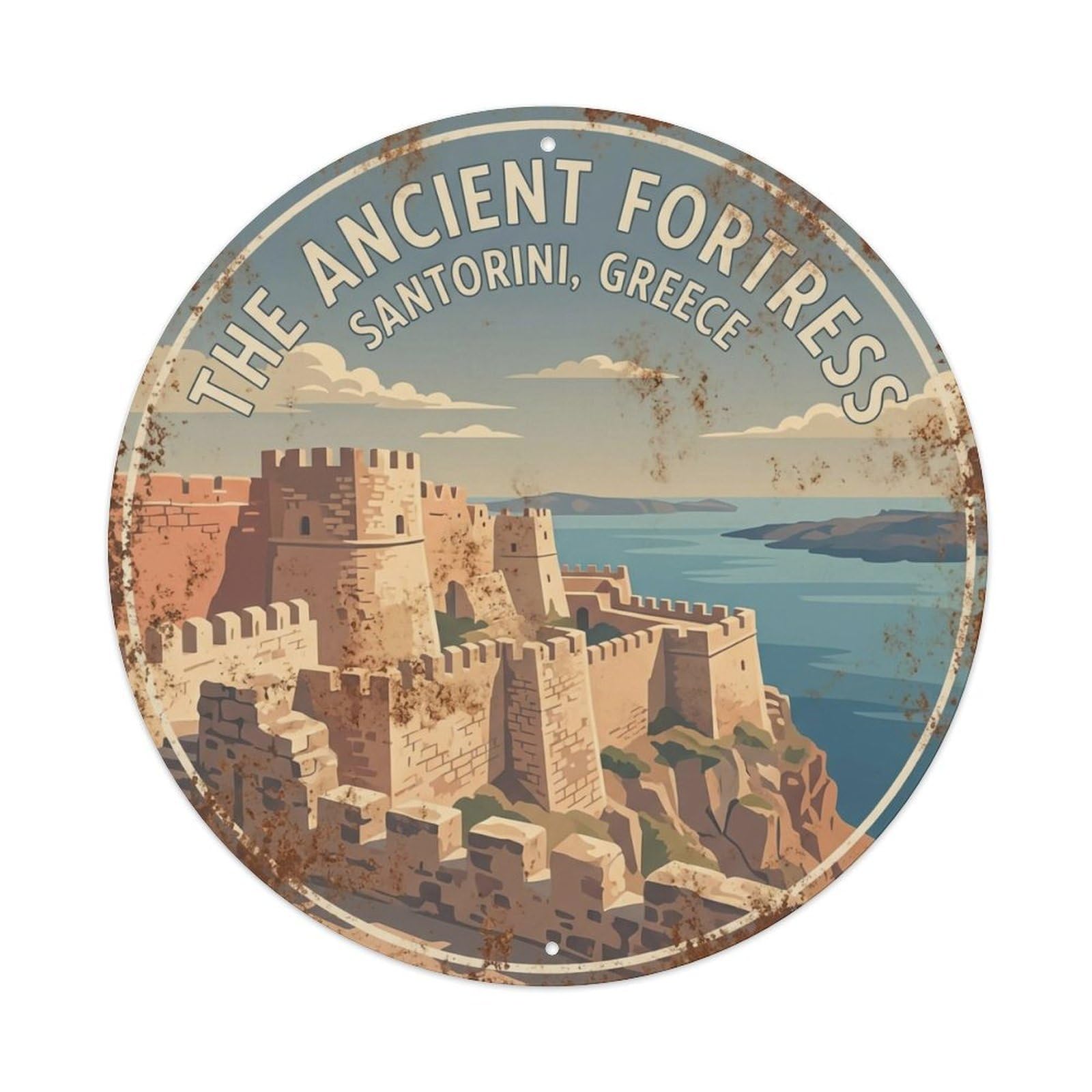 Vintage Travel Fortress Santorini Ancient Metal Tin Sign