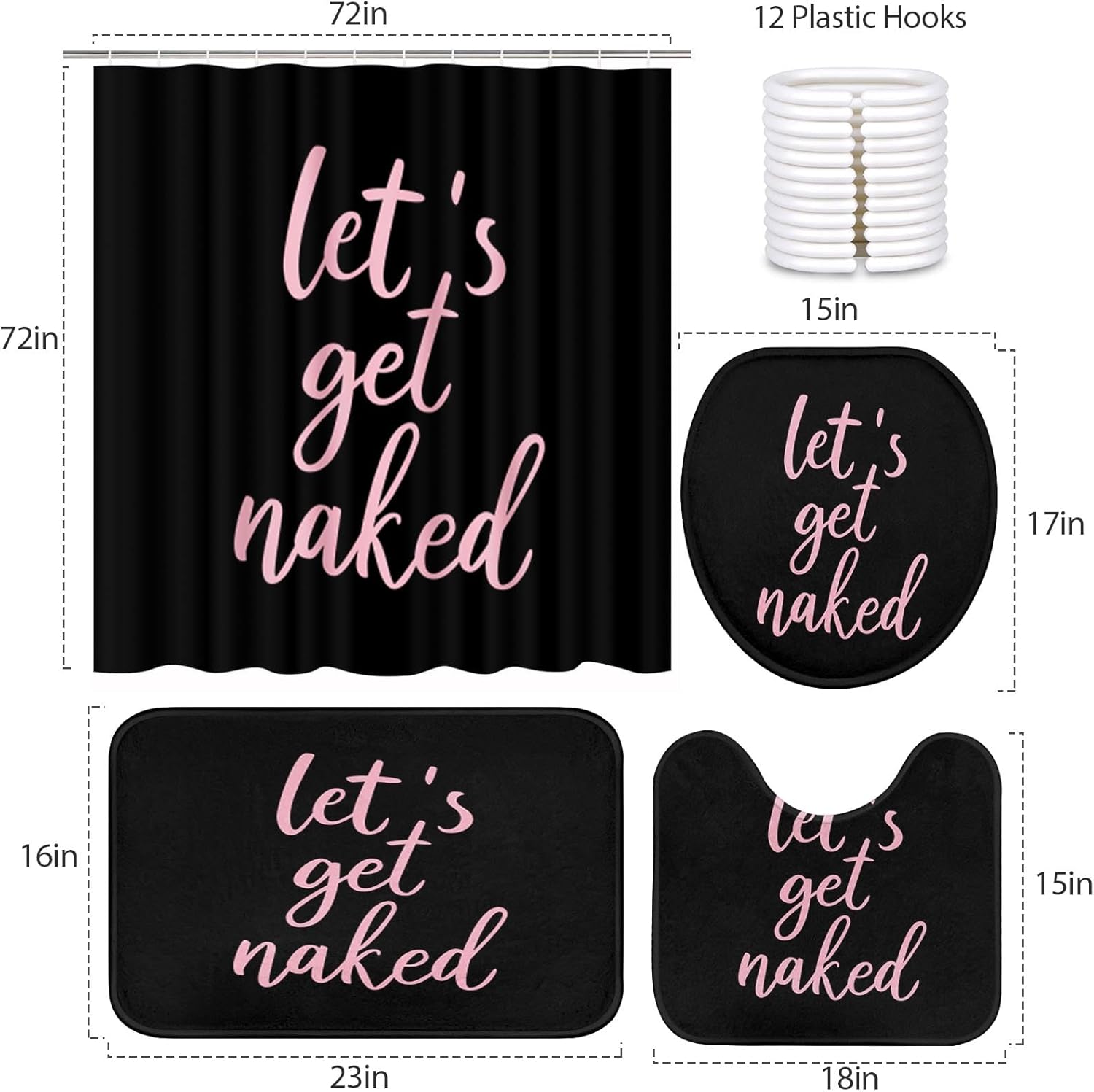 ArtSocket 4PC Pink Let's Get Naked Shower Curtain Sets Black Bathroom Decor with Rugs, Non-Slip Rug,Toilet Lid Cover, Bath Mat and 12 Hooks 72x72 inches