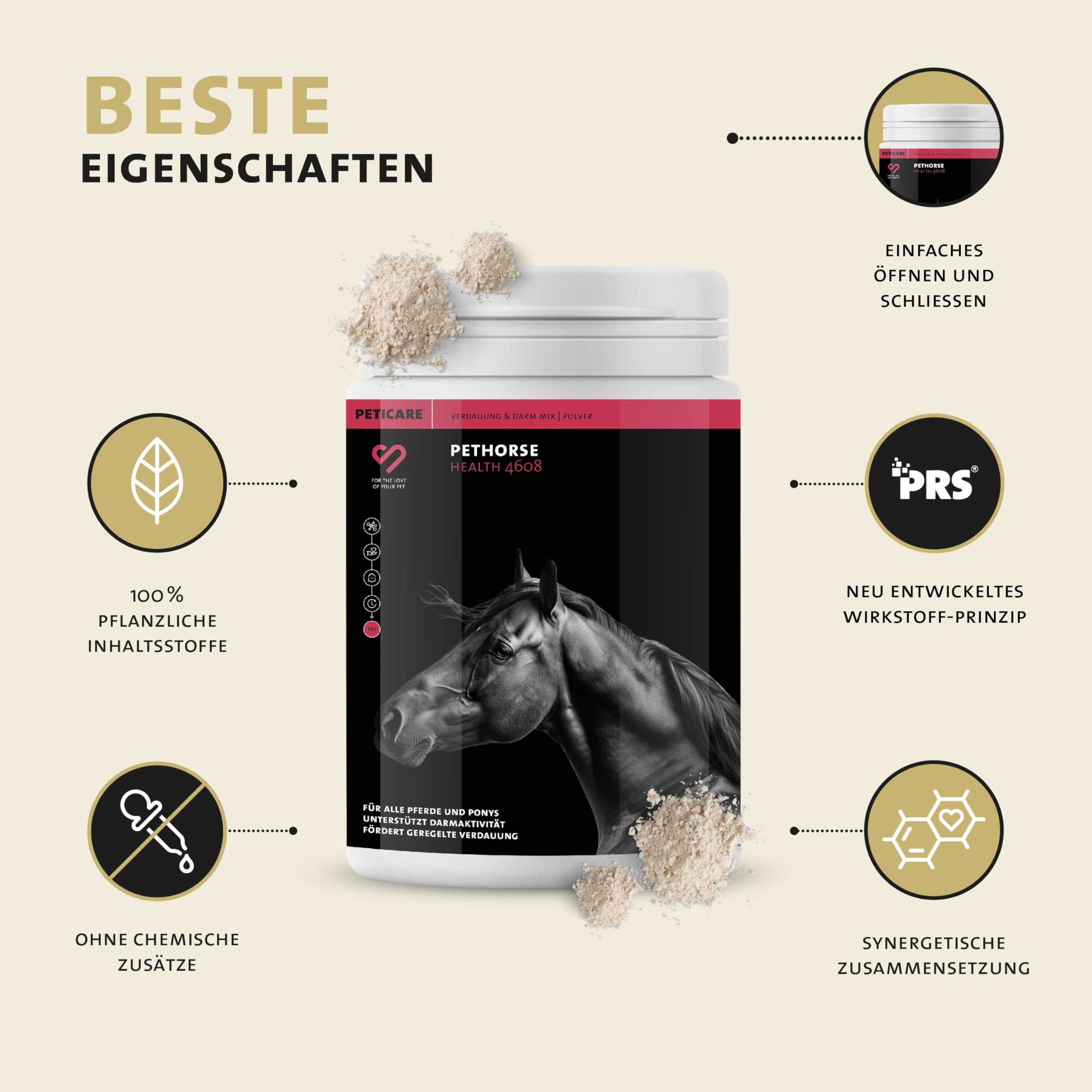 Peticare Poudre Digestive Naturelle pour Chevaux | Soutien Santé Intestinale & Immunitaire, Flore Intestinale | Idéal pour Diarrhée | Ingrédients Végétaux | sans GMO | petHorse Health 4608