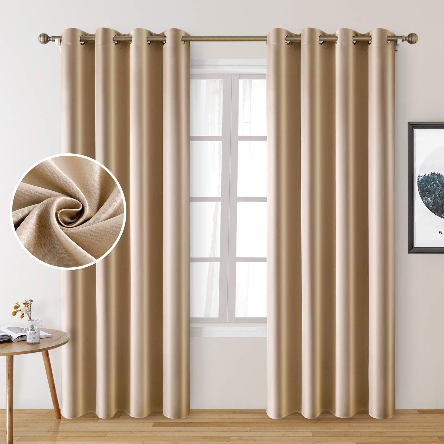 HOMEIDEAS Camel/Beige Curtains Faux Silk Blackout Curtains 2 Panels for