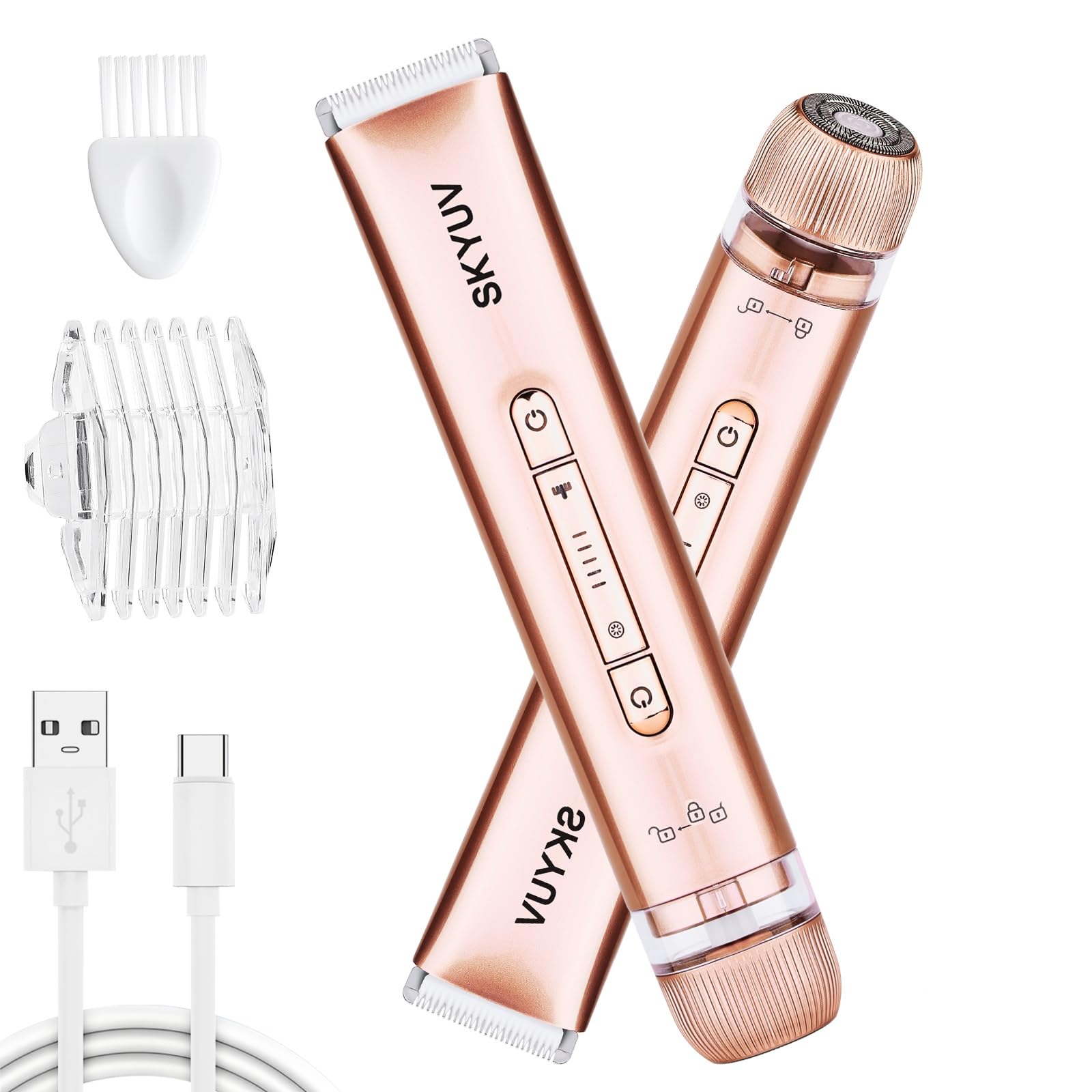 Bikini Trimmer for Women, SKYUV 2 in 1 Electric Razors Bikini Shaver, IPX7 Waterproof & Easy Cleaning, Ceramic Blade, USB Recharge, Cordless Body Hair Trimmer, Facial & Pubic Hair Removal