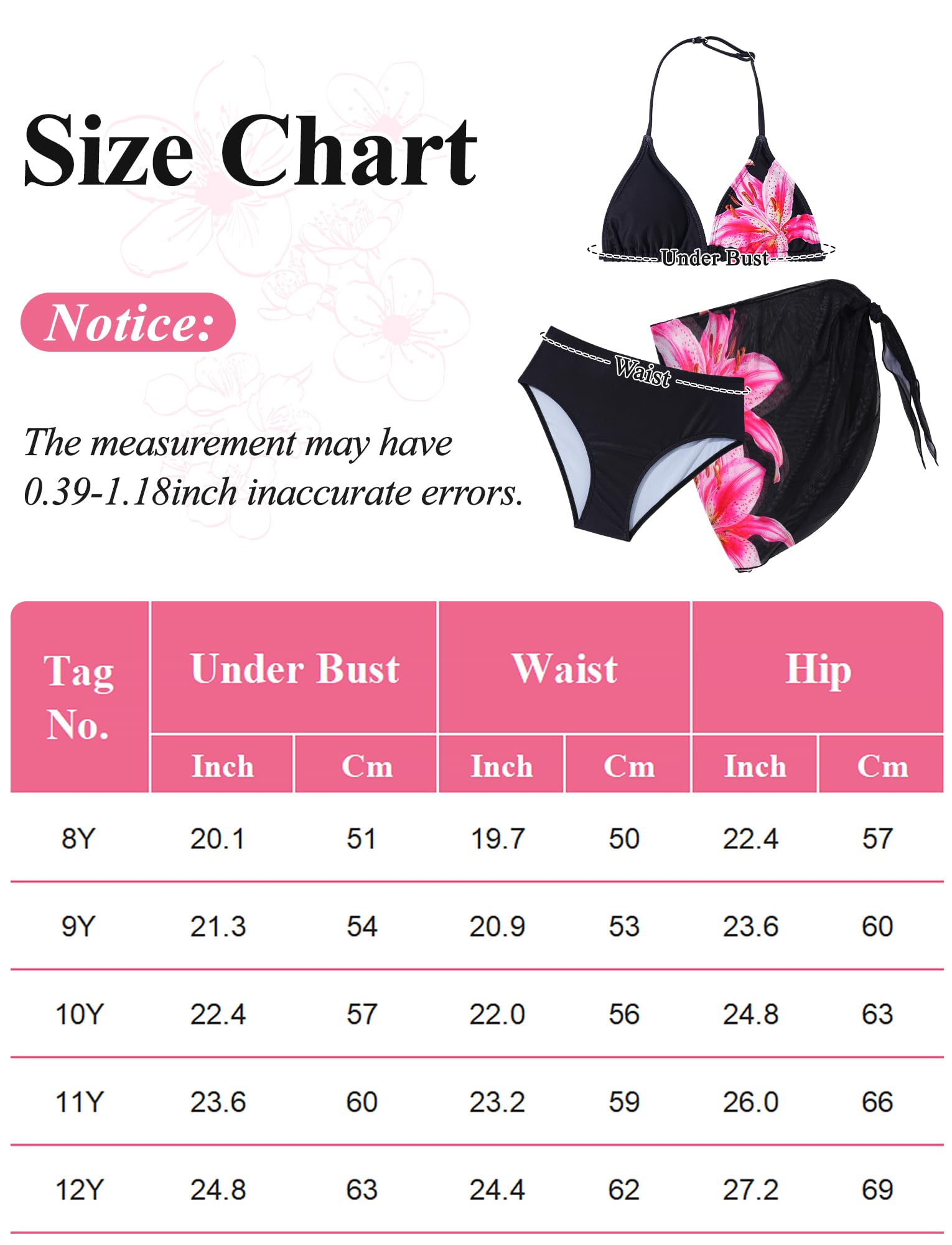Happy Cherry Dziewczęcy zestaw bikini z regulowanym biustonoszem, majtki bikini dla dzieci, tankini, 3 sztuki, stroje kąpielowe na lato, plażę, moda kąpielowa w wieku 8-12 lat
