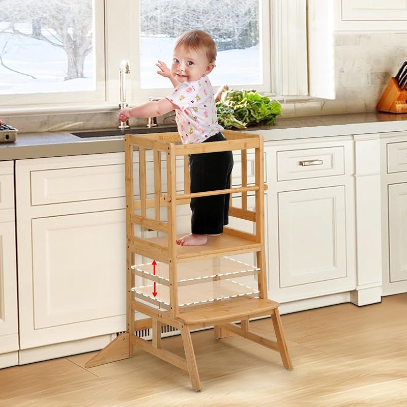 COSYLAND Torre de pie para niños pequeños - Taburete de cocina para niños pequeños de altura ajustable - Taburete de cocina para niños para aprender con barandilla de seguridad extraíble Natural