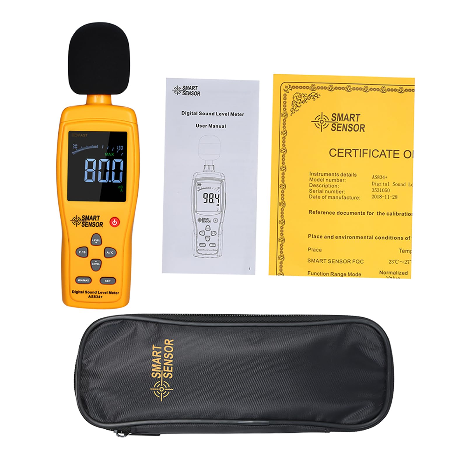 Sonómetro digital e instrumento de medición del volumen de ruido - Rango de 30 a 130 dB - Resolución de 0,1 dB con precisión de 1,5 dB - Ponderación A y C - Pantalla LCD de 2,7
