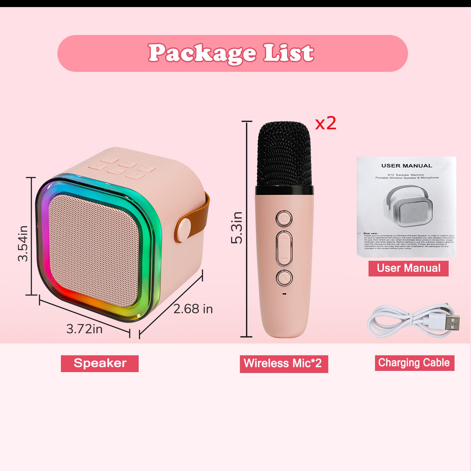 Mini máquina de Karaoke con 2 micrófonos inalámbricos, Luces LED, Efectos de Voz, Altavoz portátil para niños de 3, 4, 5, 6, 7, 8, 9, 10, 11, 12 años o más, Regalo de cumpleaños para niñas de (Pink) — view 7
