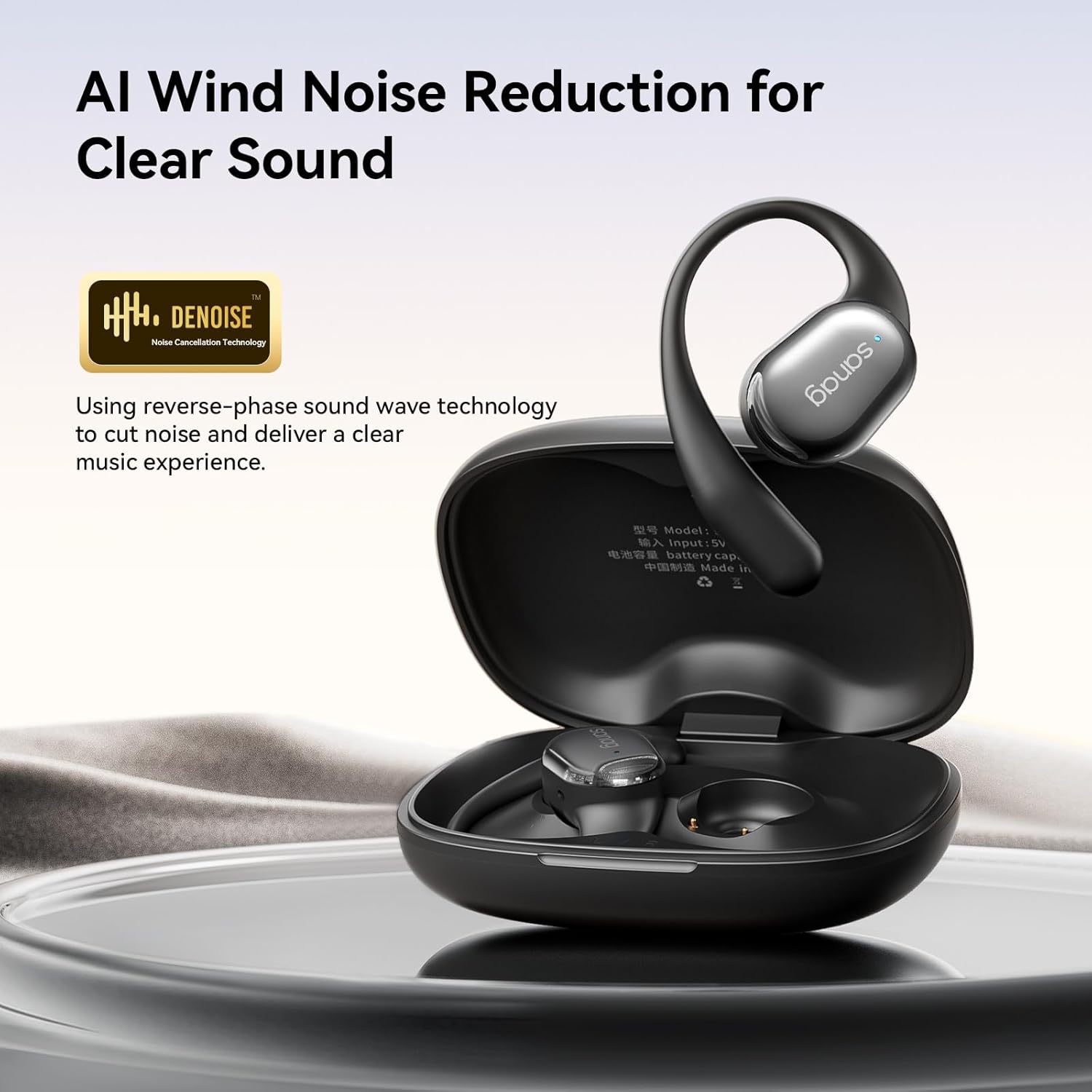 Sanag C16S earbud in charging case, illustrating AI Wind Noise Reduction
