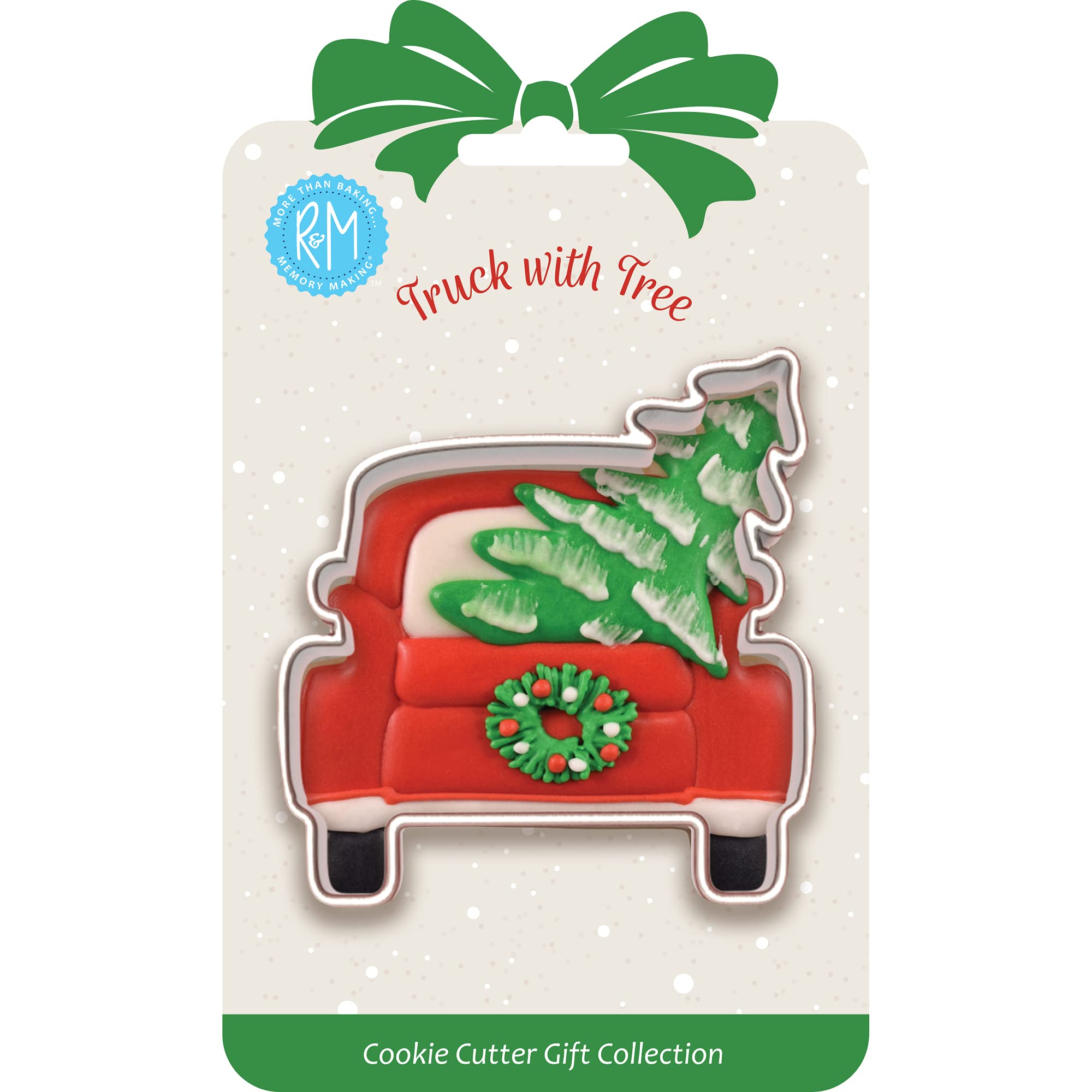 R & M International 8012 camión con árbol de Navidad en forma de cortador de galletas de acero estañado, 3.25 pulgadas, etiqueta de regalo