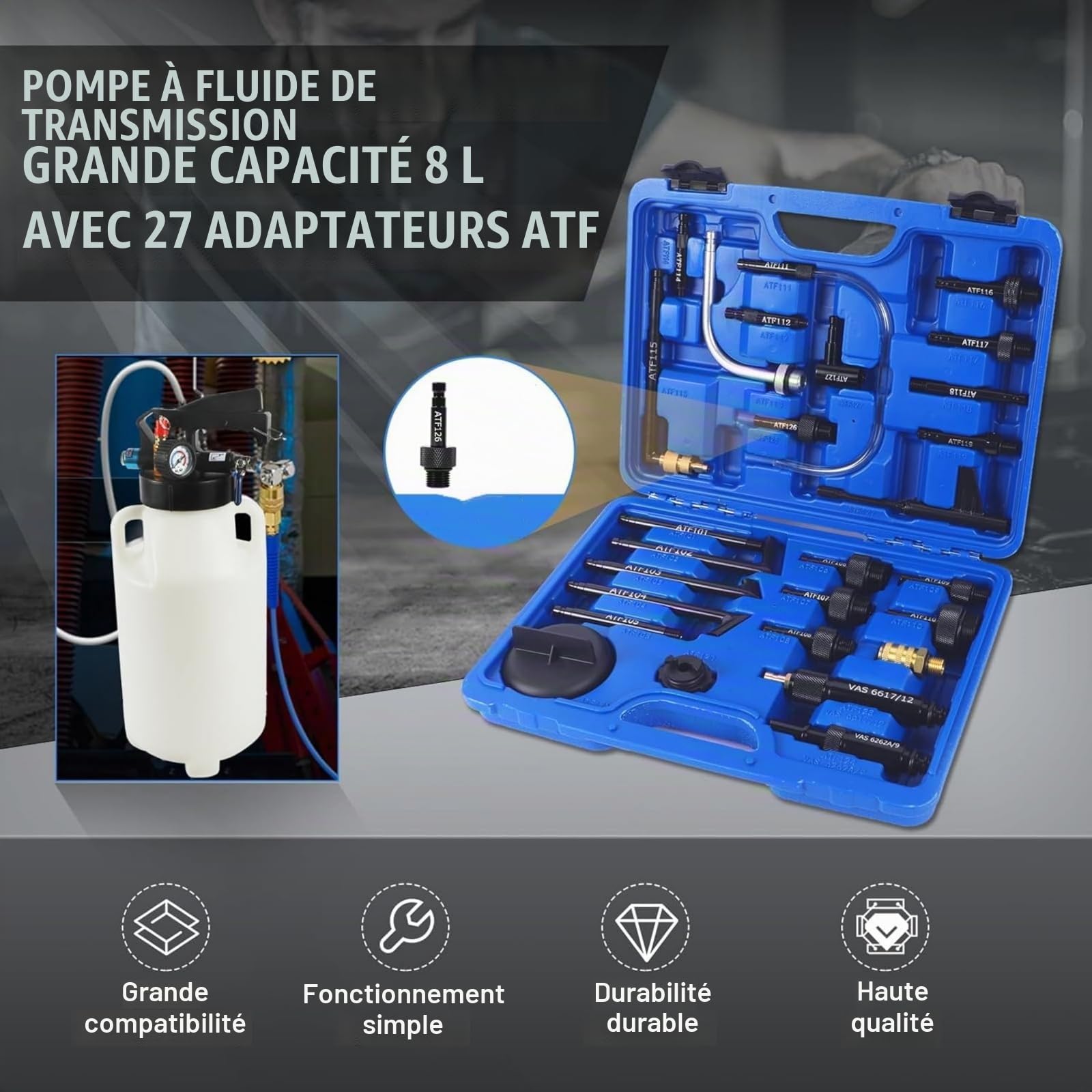 Pompe remplissage huile transmission 8L pneumatique 26 adaptateurs ATF